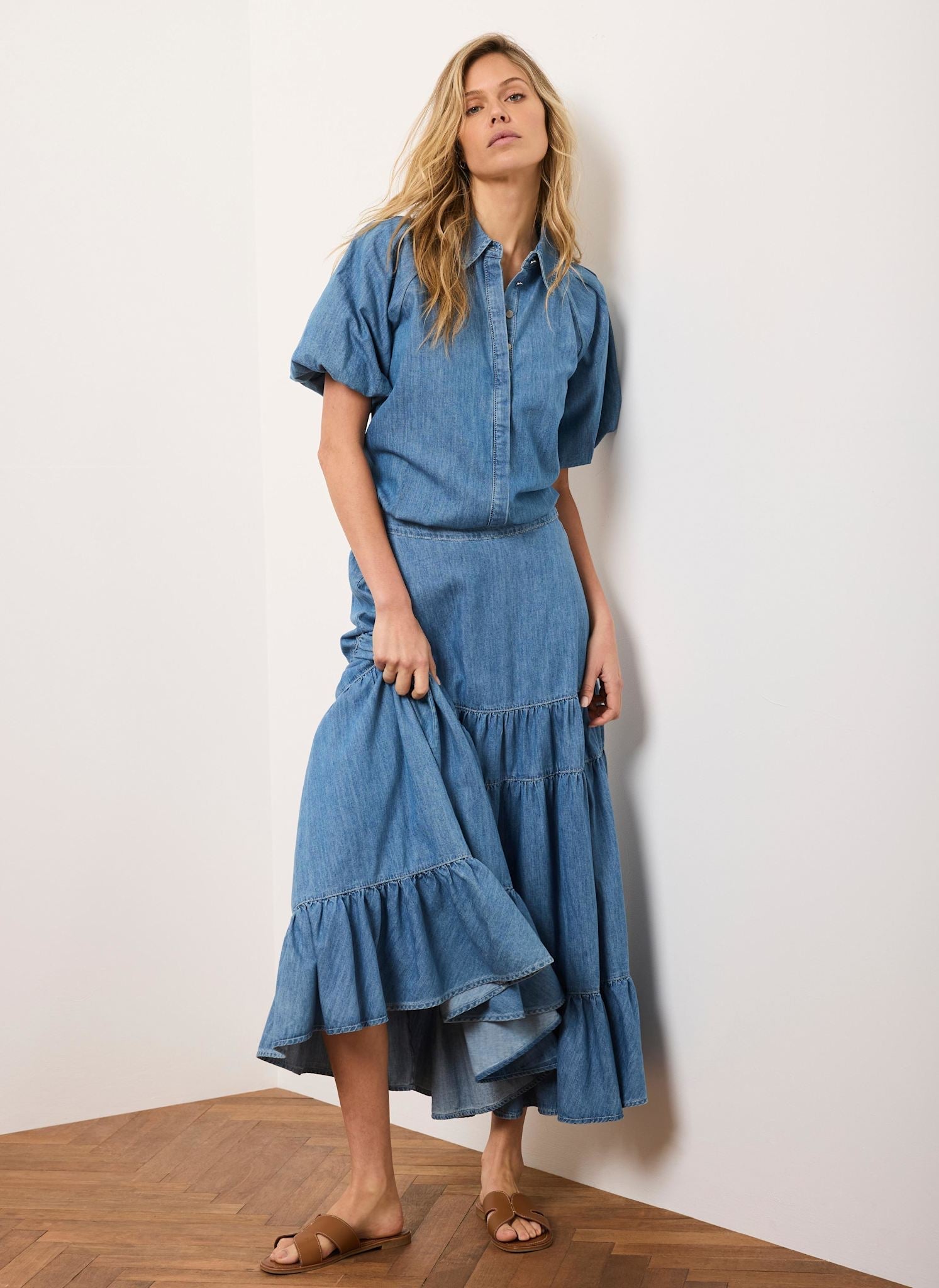 Indigo Tiered Denim Maxi Skirt