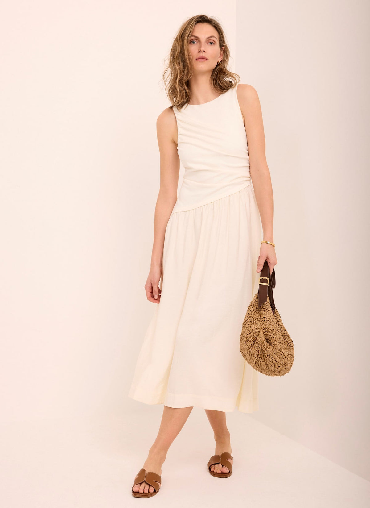 Cream Asymmetric Waist Midi Dress