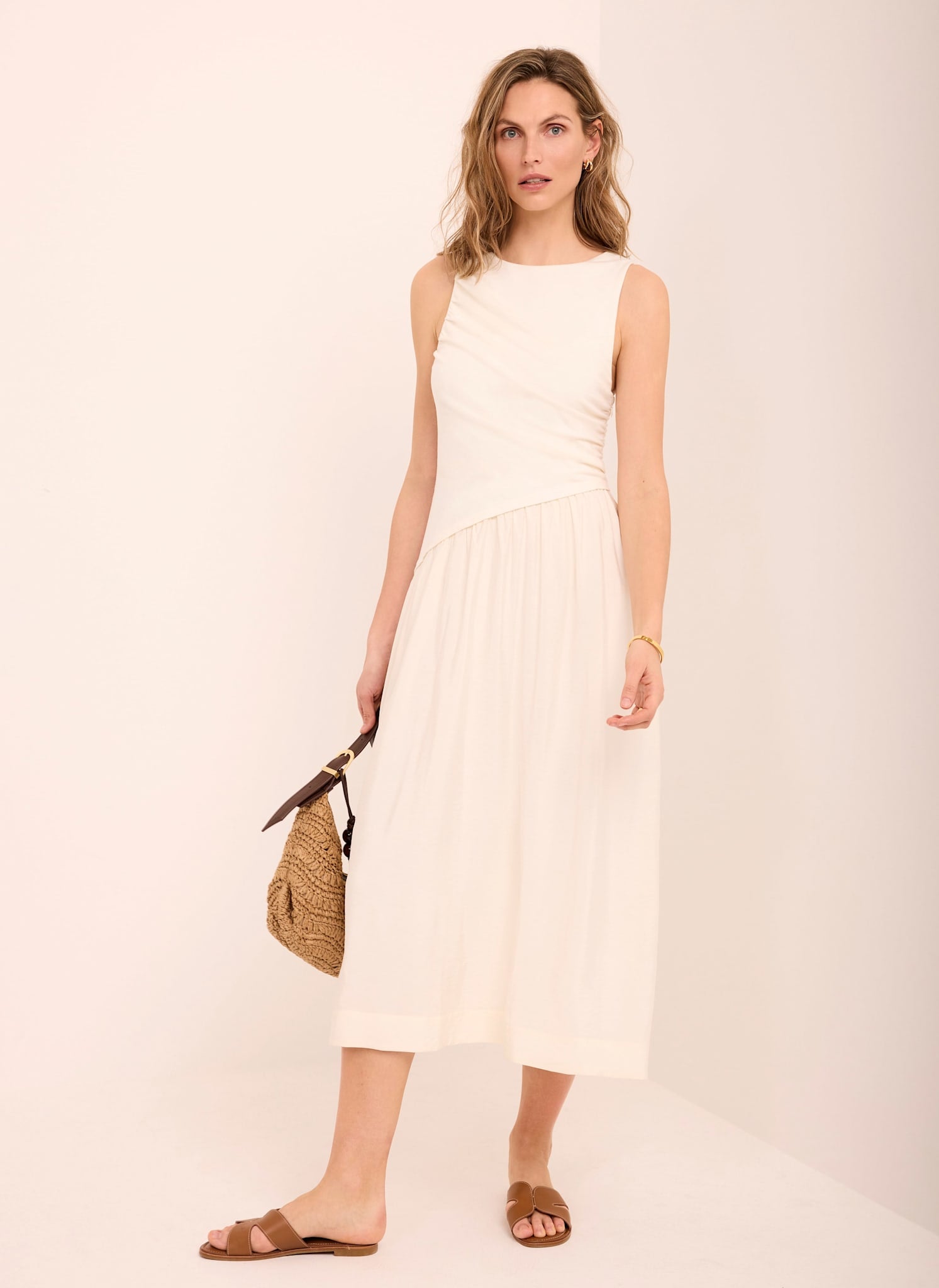 Cream Asymmetric Waist Midi Dress