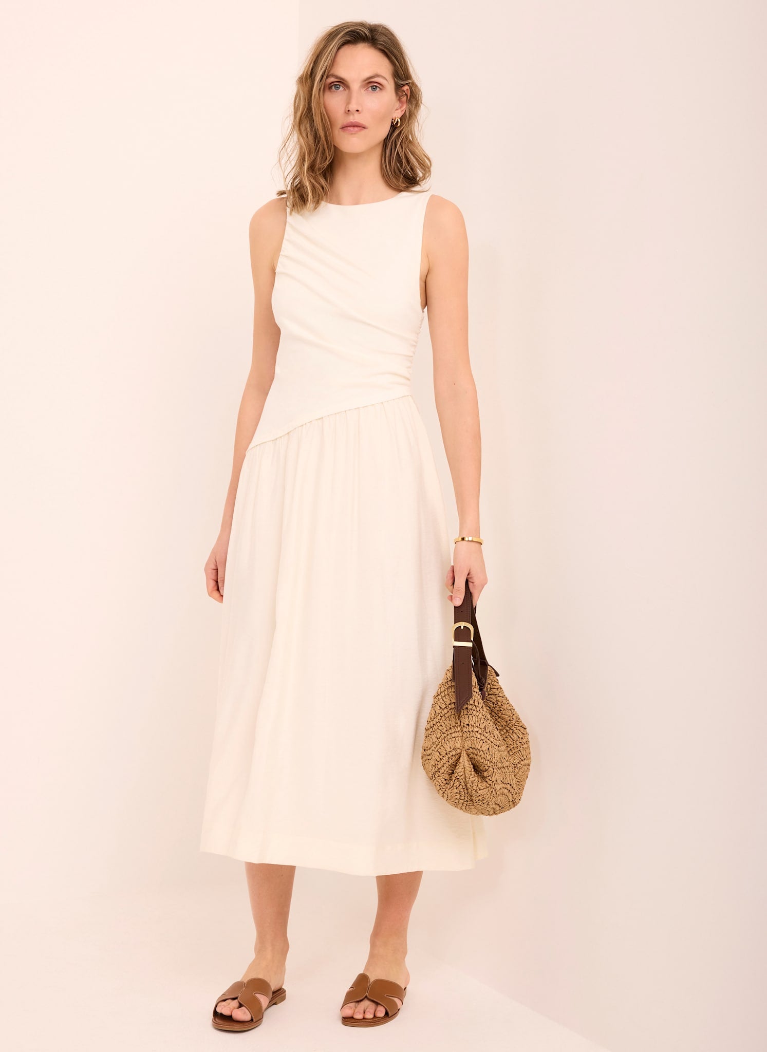Cream Asymmetric Waist Midi Dress