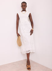 White Jersey Broderie Midi Dress