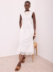White Jersey Broderie Midi Dress