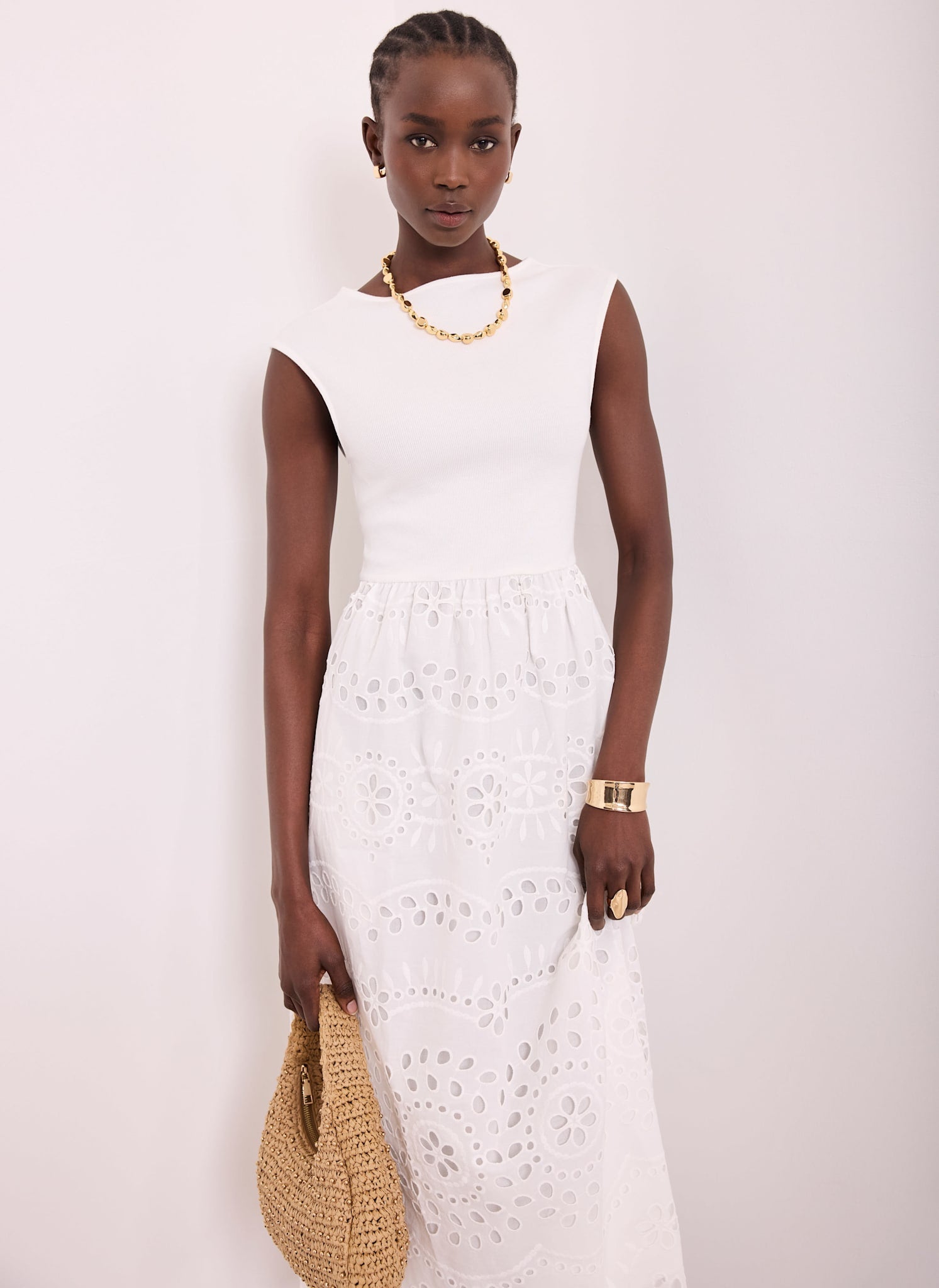 White Jersey Broderie Midi Dress