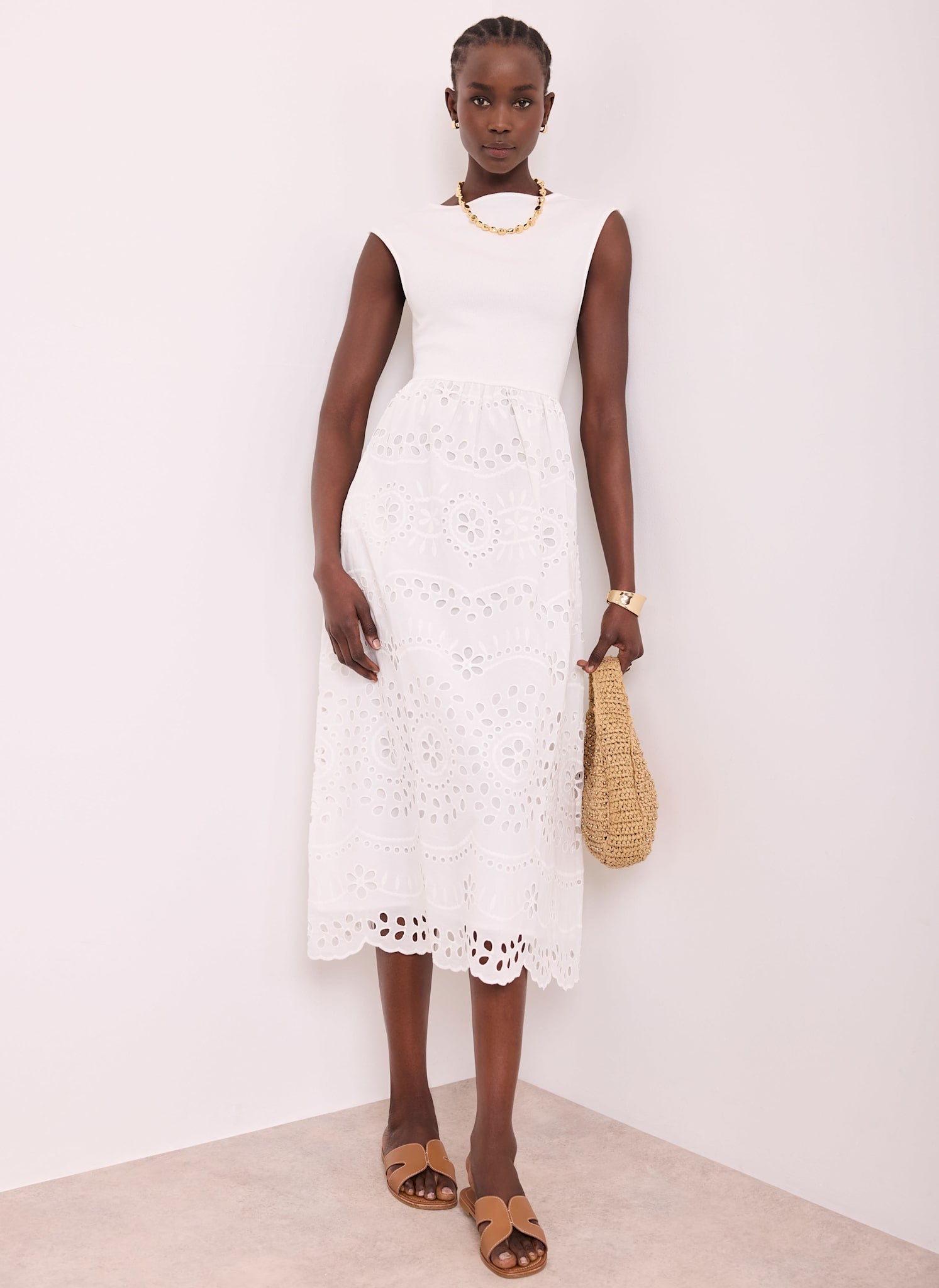 White Jersey Broderie Midi Dress