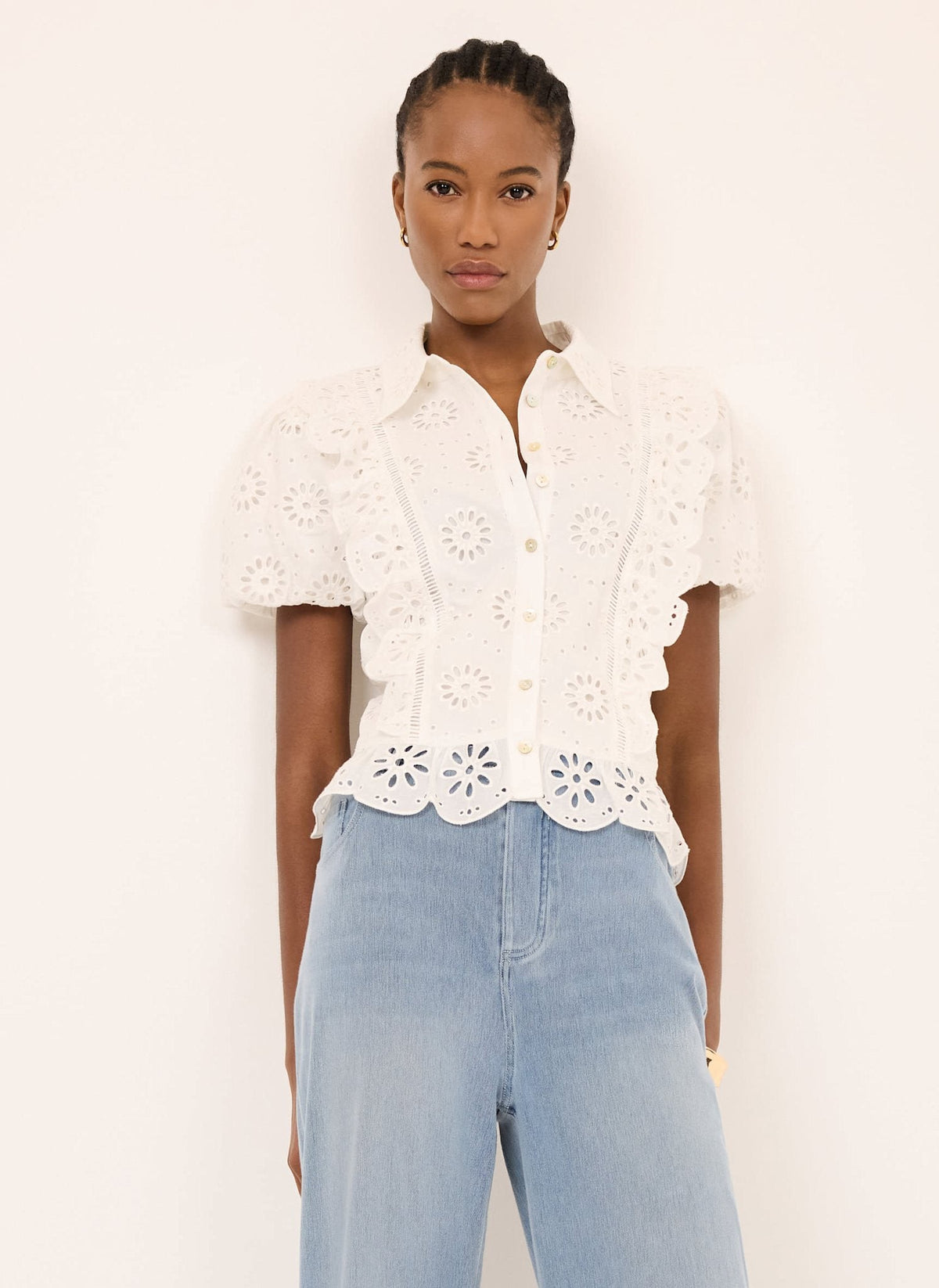 White Cotton Broderie Detail Shirt