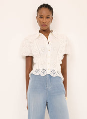 White Cotton Broderie Detail Shirt