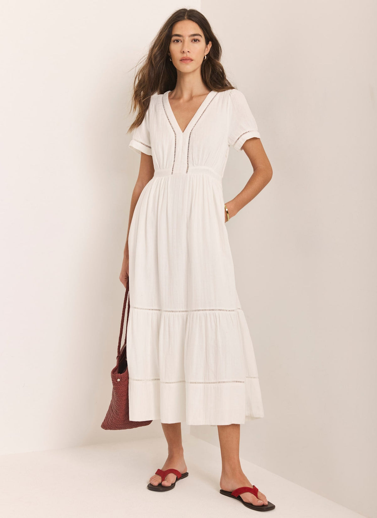 White Cotton Cheesecloth Midi Dress