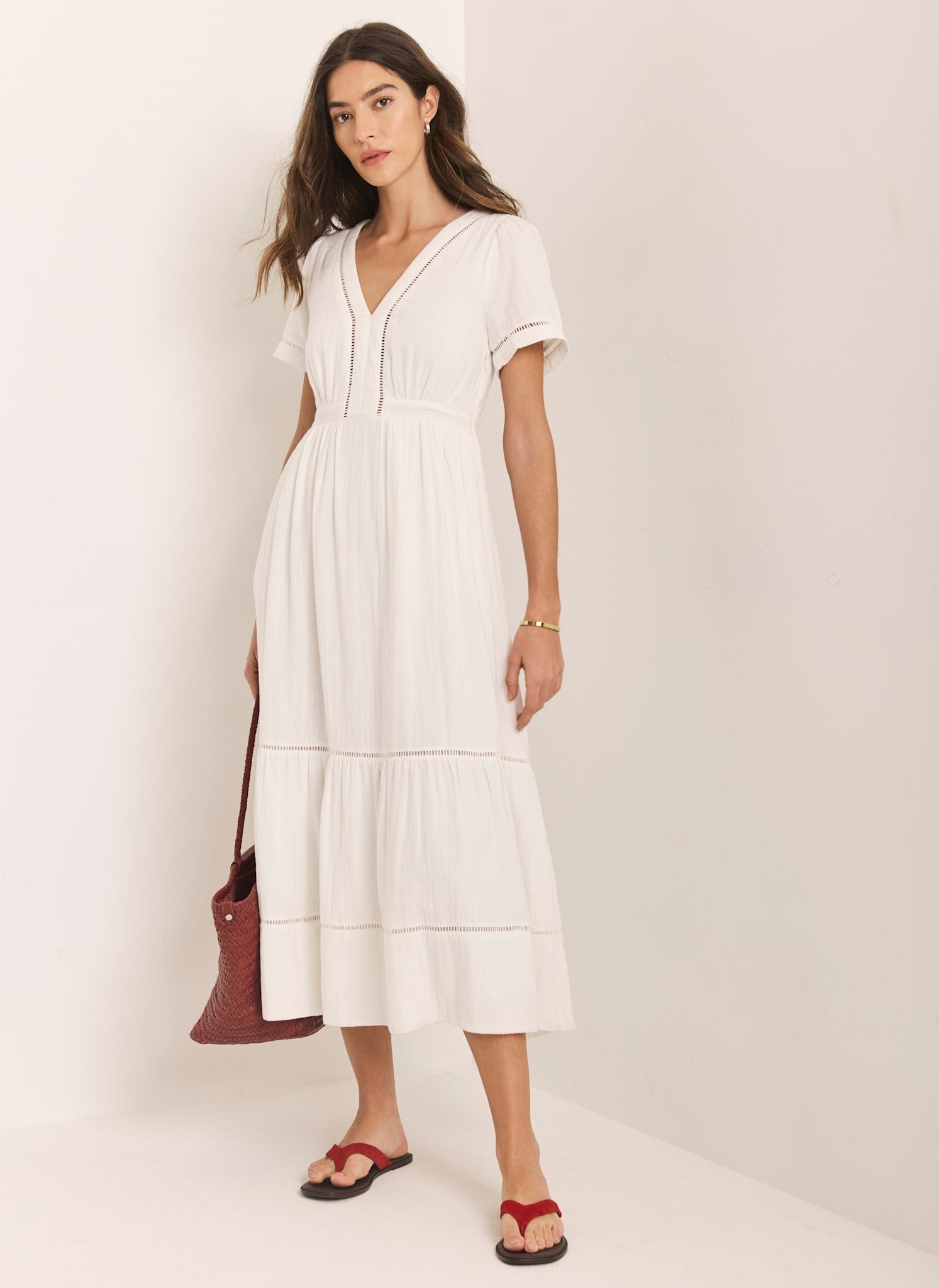 White Cotton Cheesecloth Midi Dress