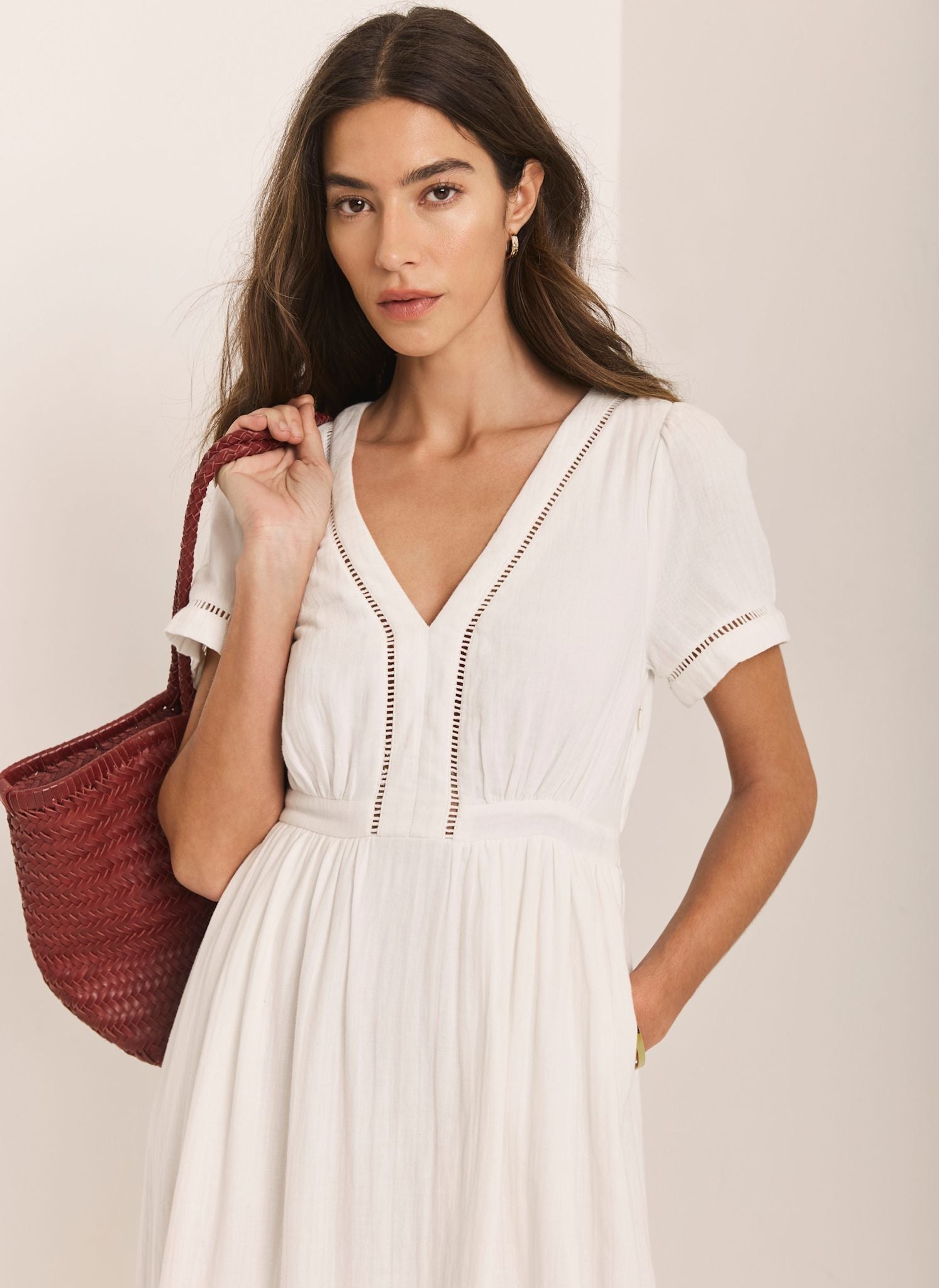 White Cotton Cheesecloth Midi Dress