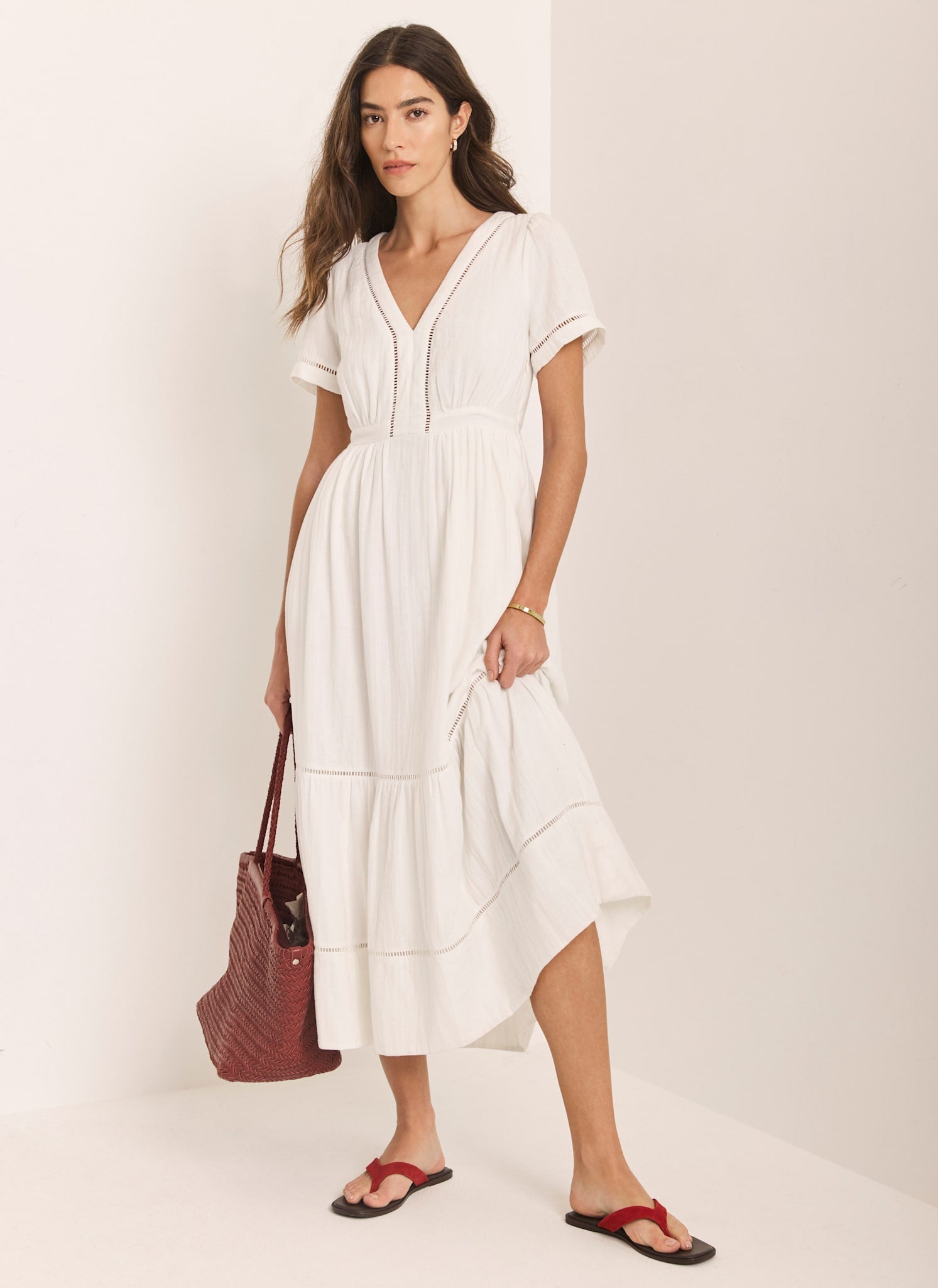 White Cotton Cheesecloth Midi Dress