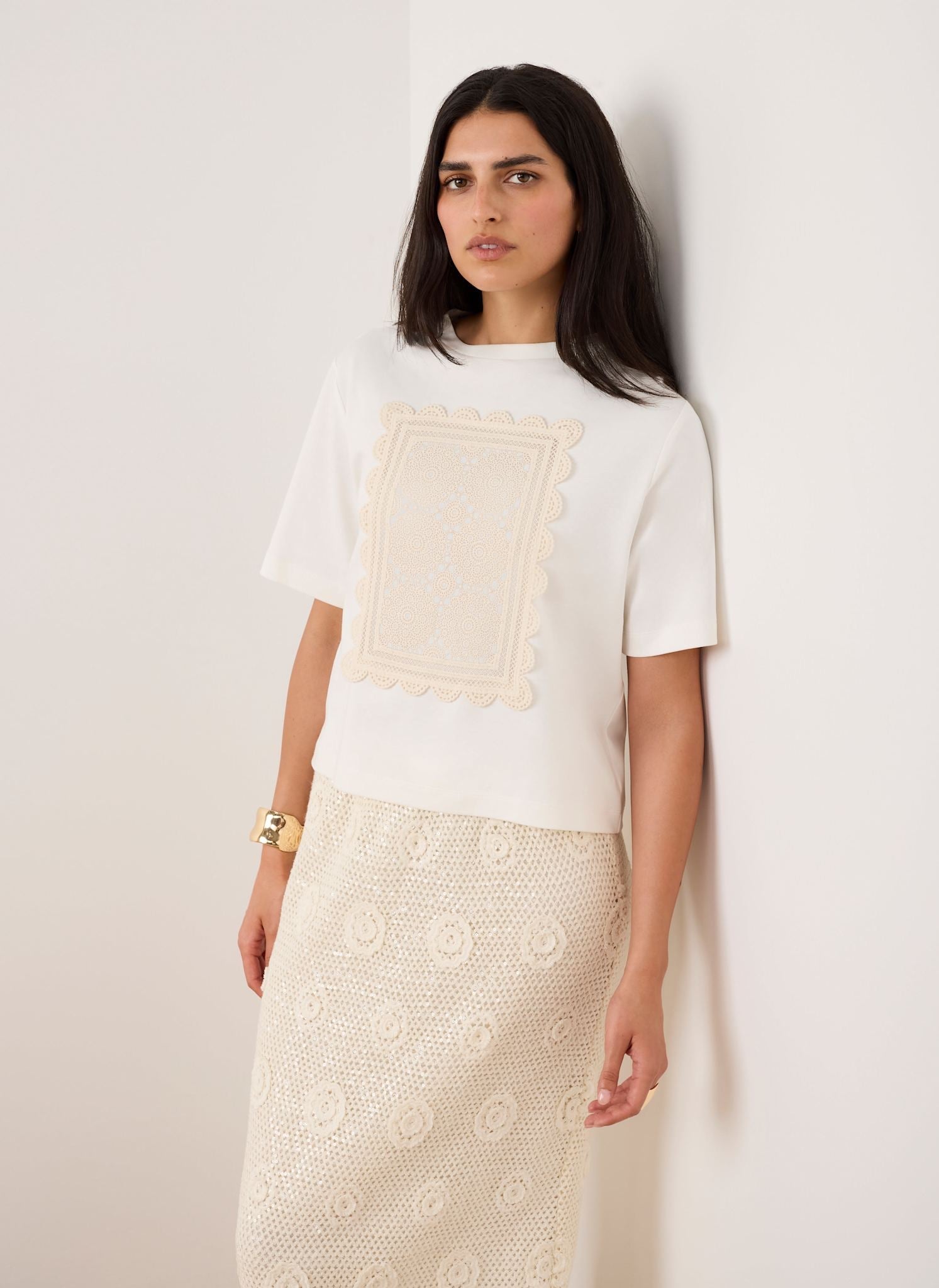Cream Crochet Panel T-Shirt