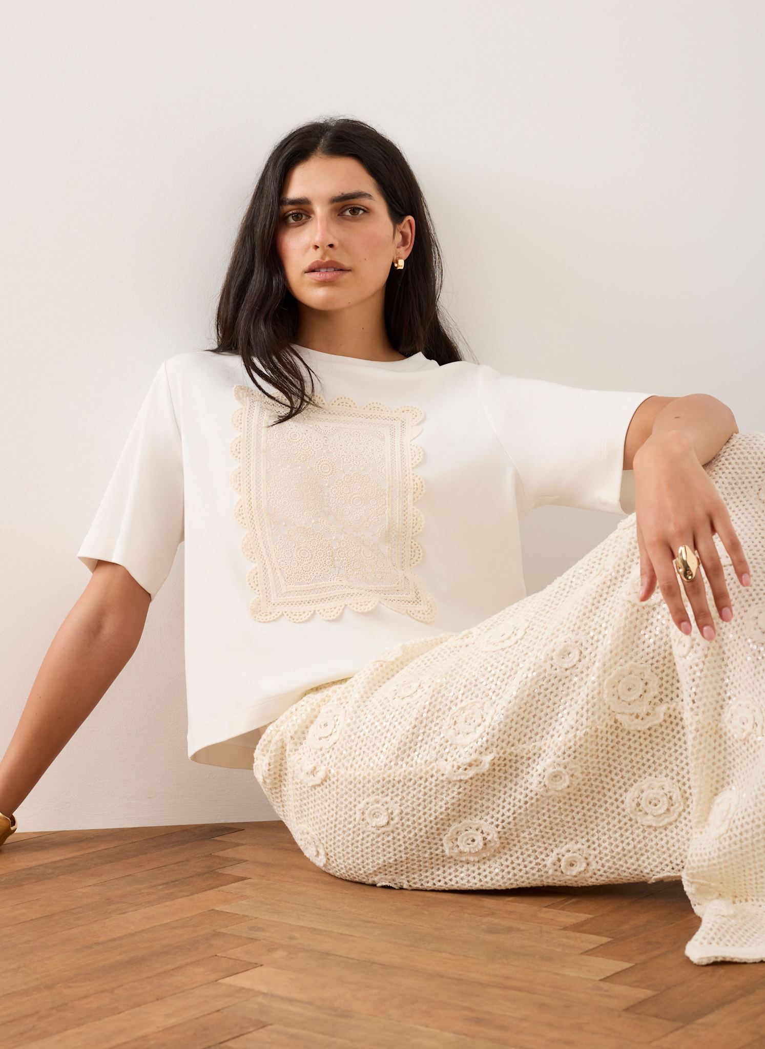 Cream Crochet Panel T-Shirt