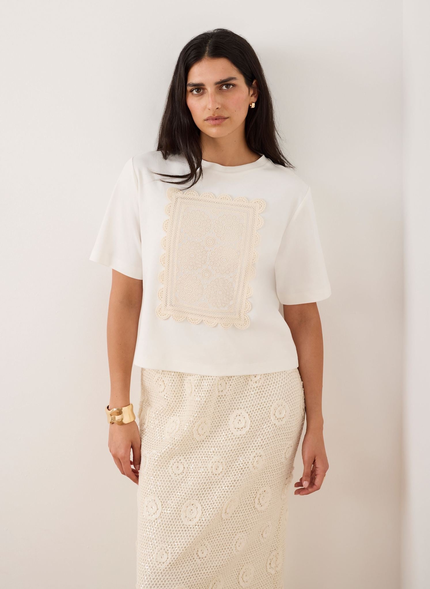 Cream Crochet Panel T-Shirt
