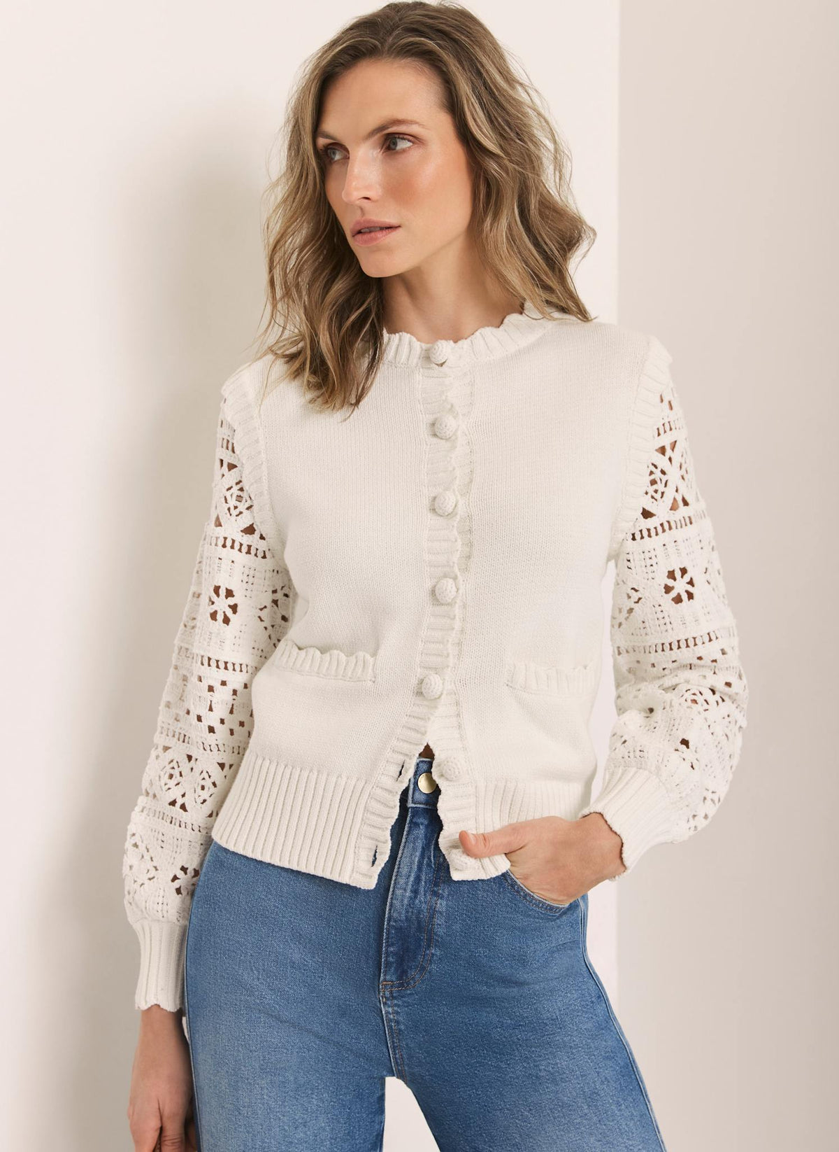 Cream Cotton Blend Crochet Cardigan
