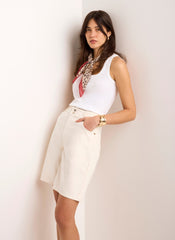 Cream Denim Mid Length Shorts