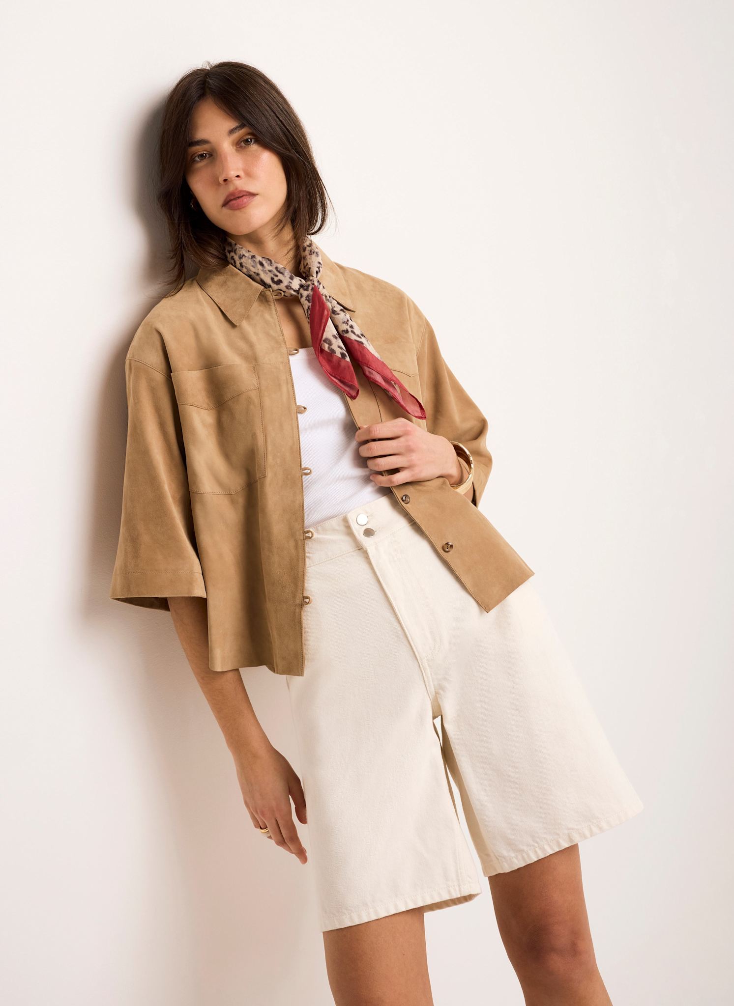 Cream Denim Mid Length Shorts