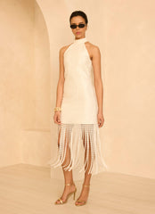 White Disc Detail Fringed Midi Dress