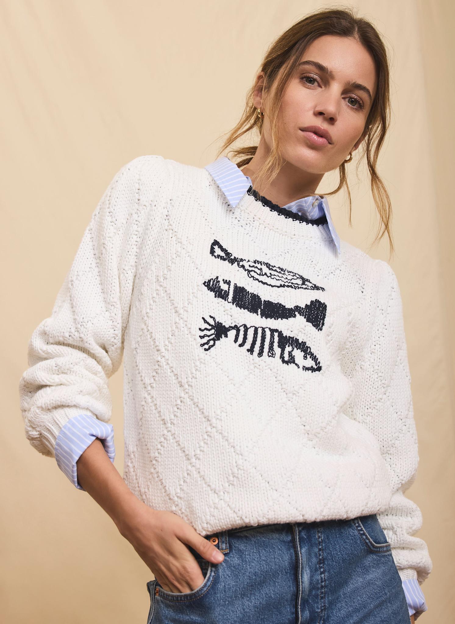 White Cotton Blend Fish Motif Jumper