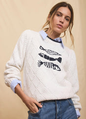 White Cotton Blend Fish Motif Jumper