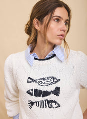 White Cotton Blend Fish Motif Jumper