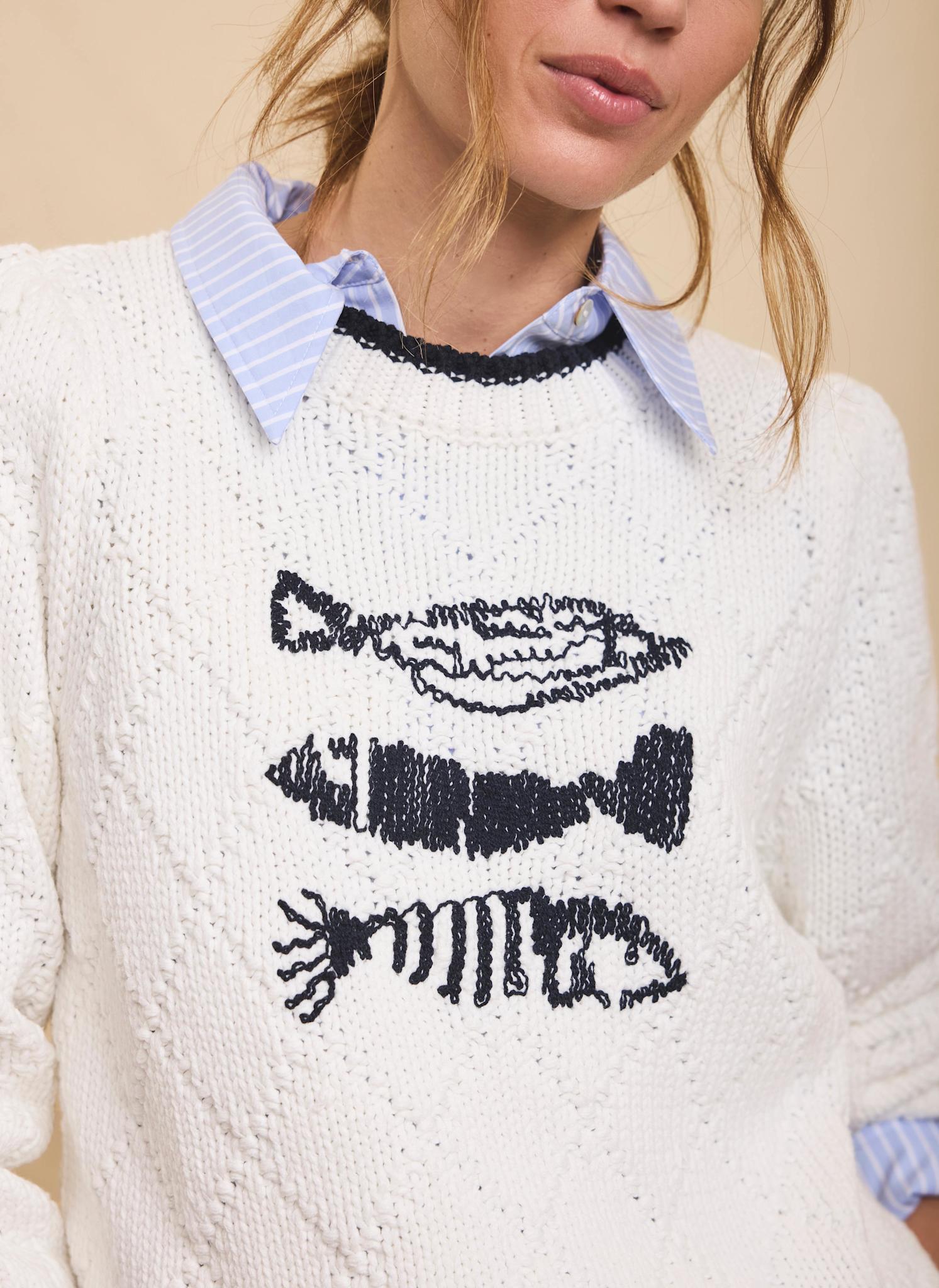 White Cotton Blend Fish Motif Jumper