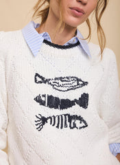 White Cotton Blend Fish Motif Jumper