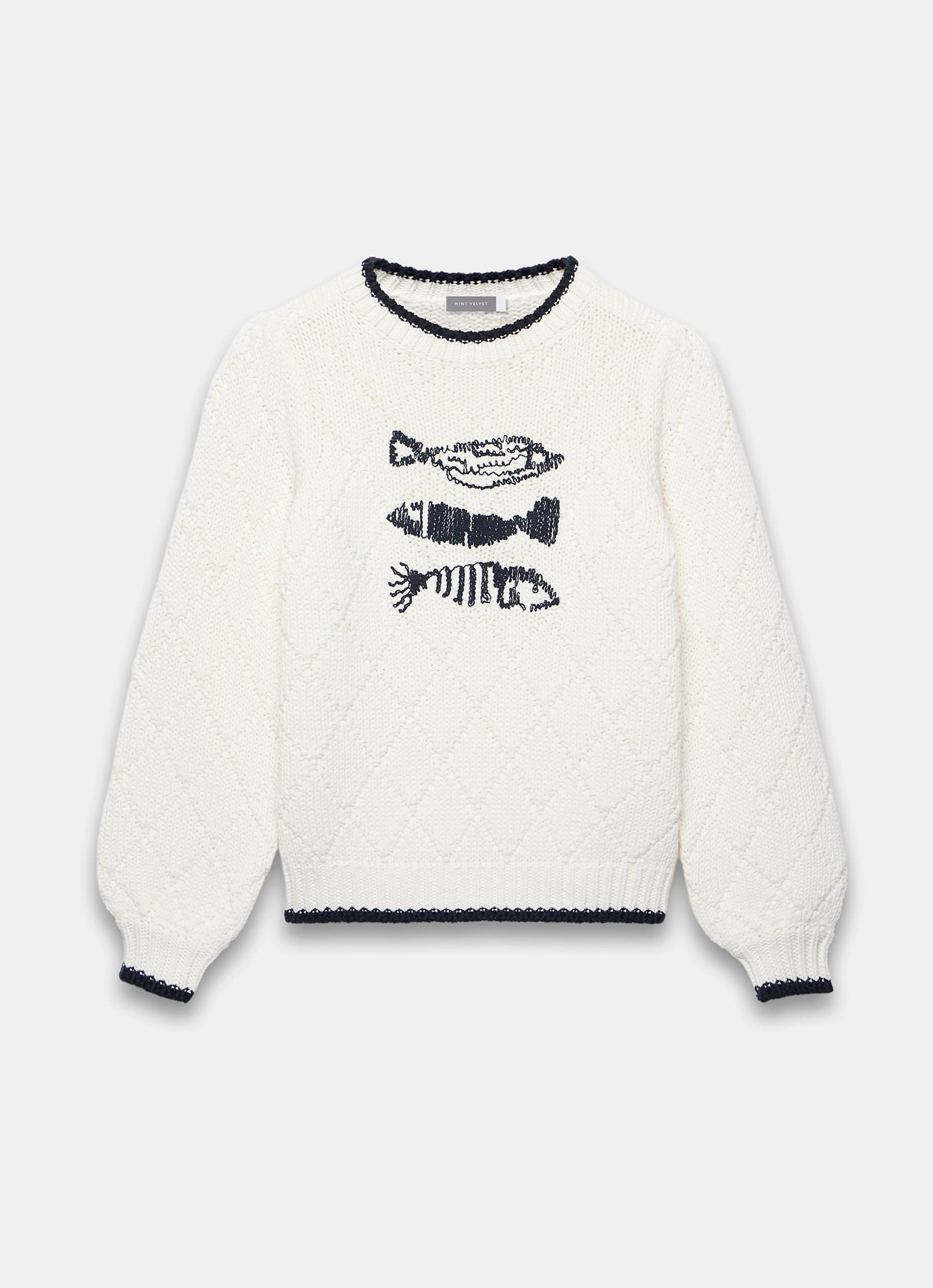 White Cotton Blend Fish Motif Jumper