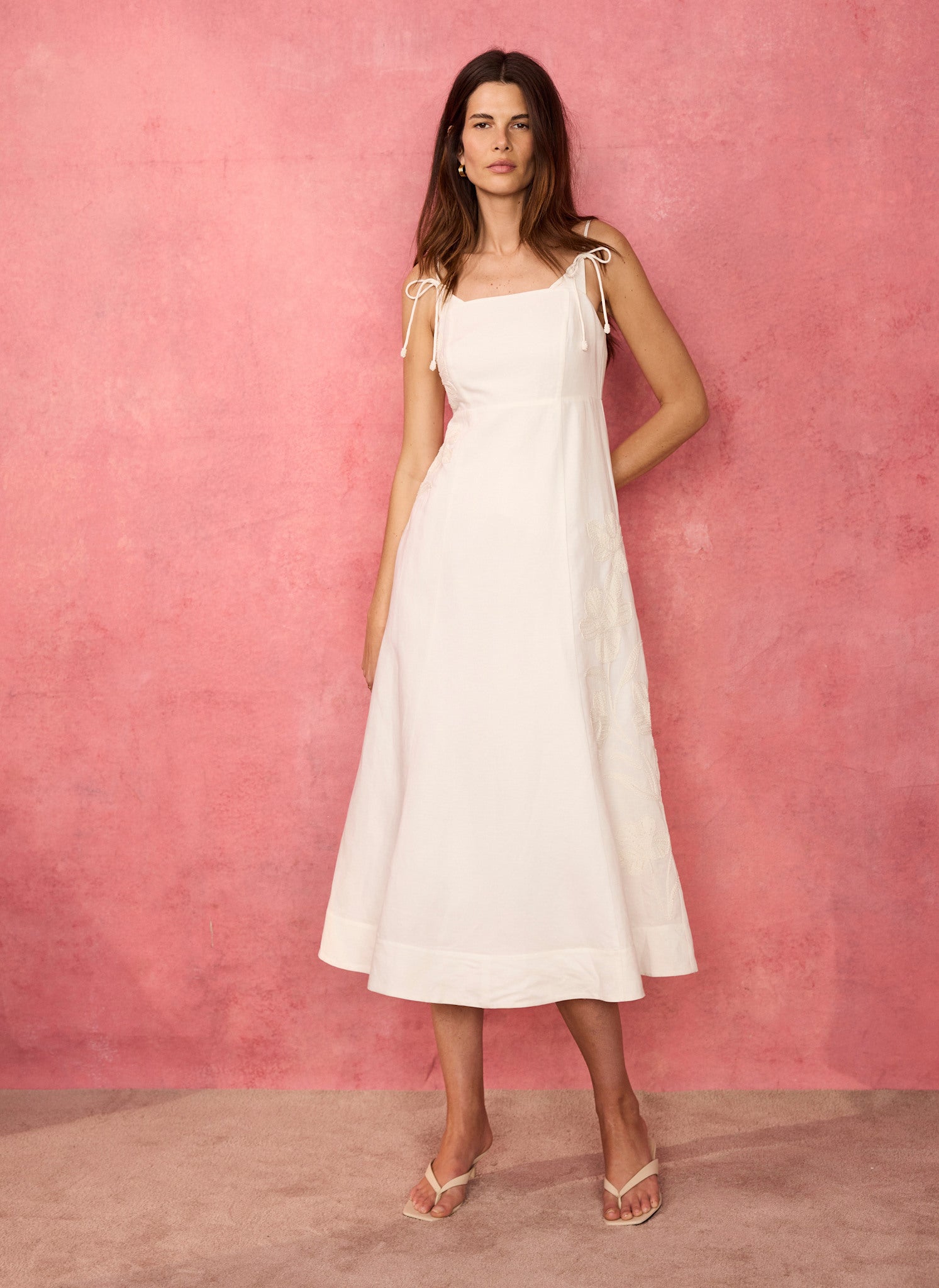 White Linen Blend Embroidered Midi Dress