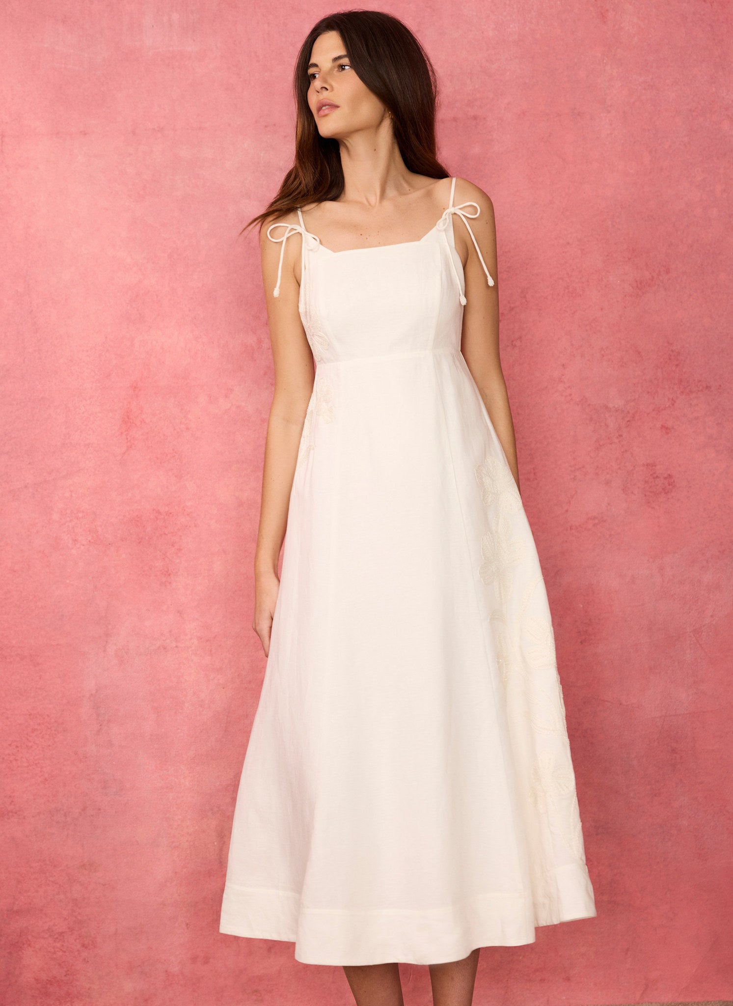 White Linen Blend Embroidered Midi Dress