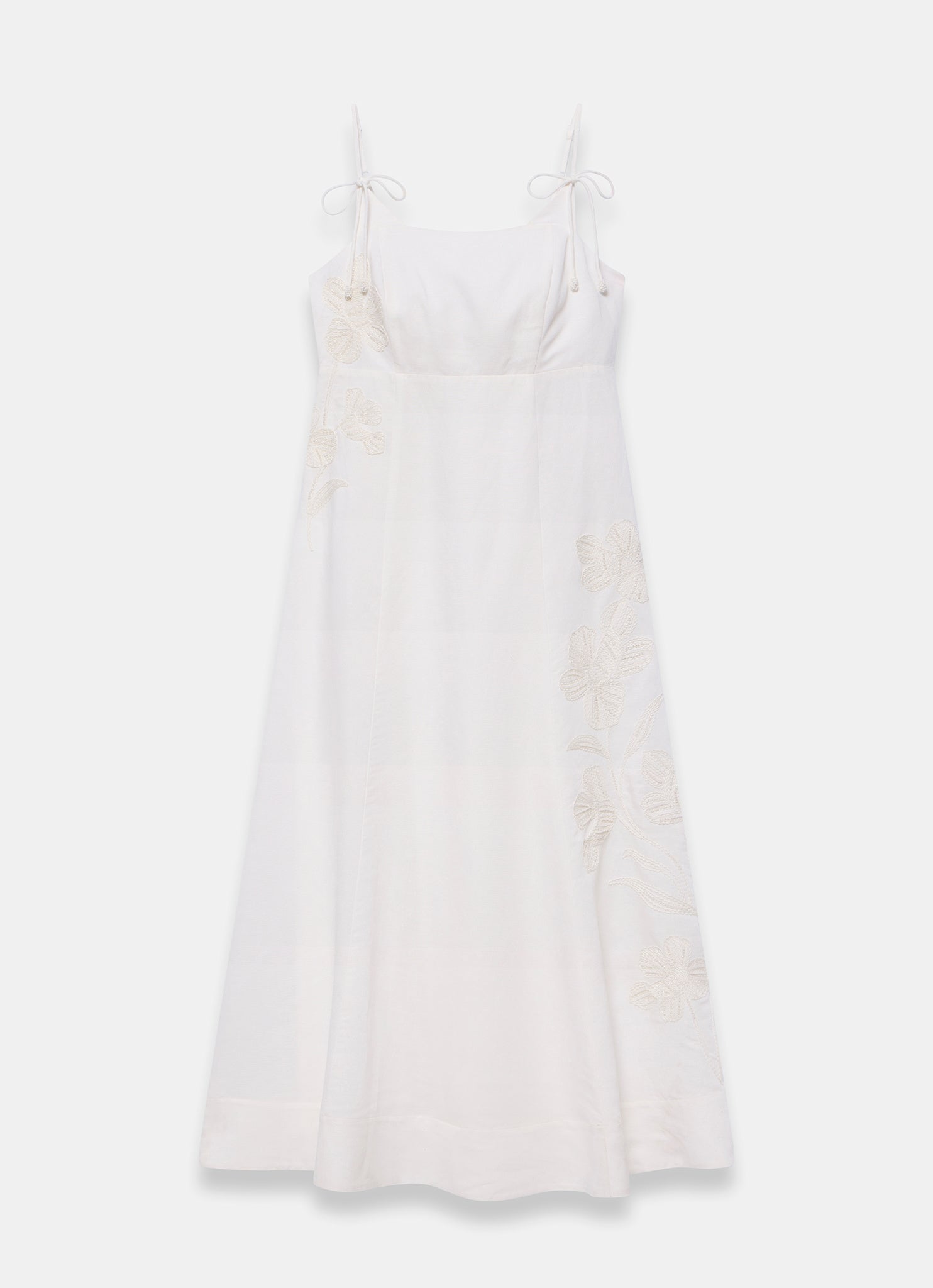 White Linen Blend Embroidered Midi Dress