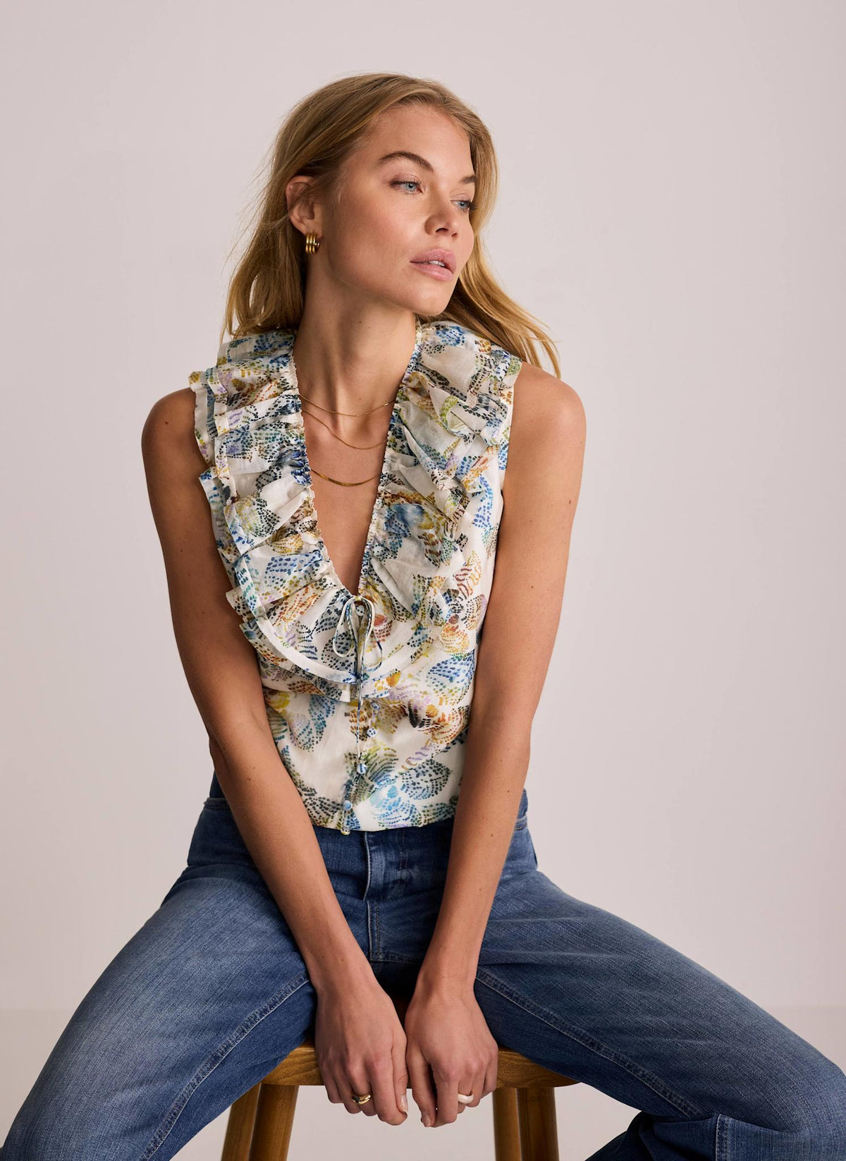 Cream Floral Print Ruffle Top