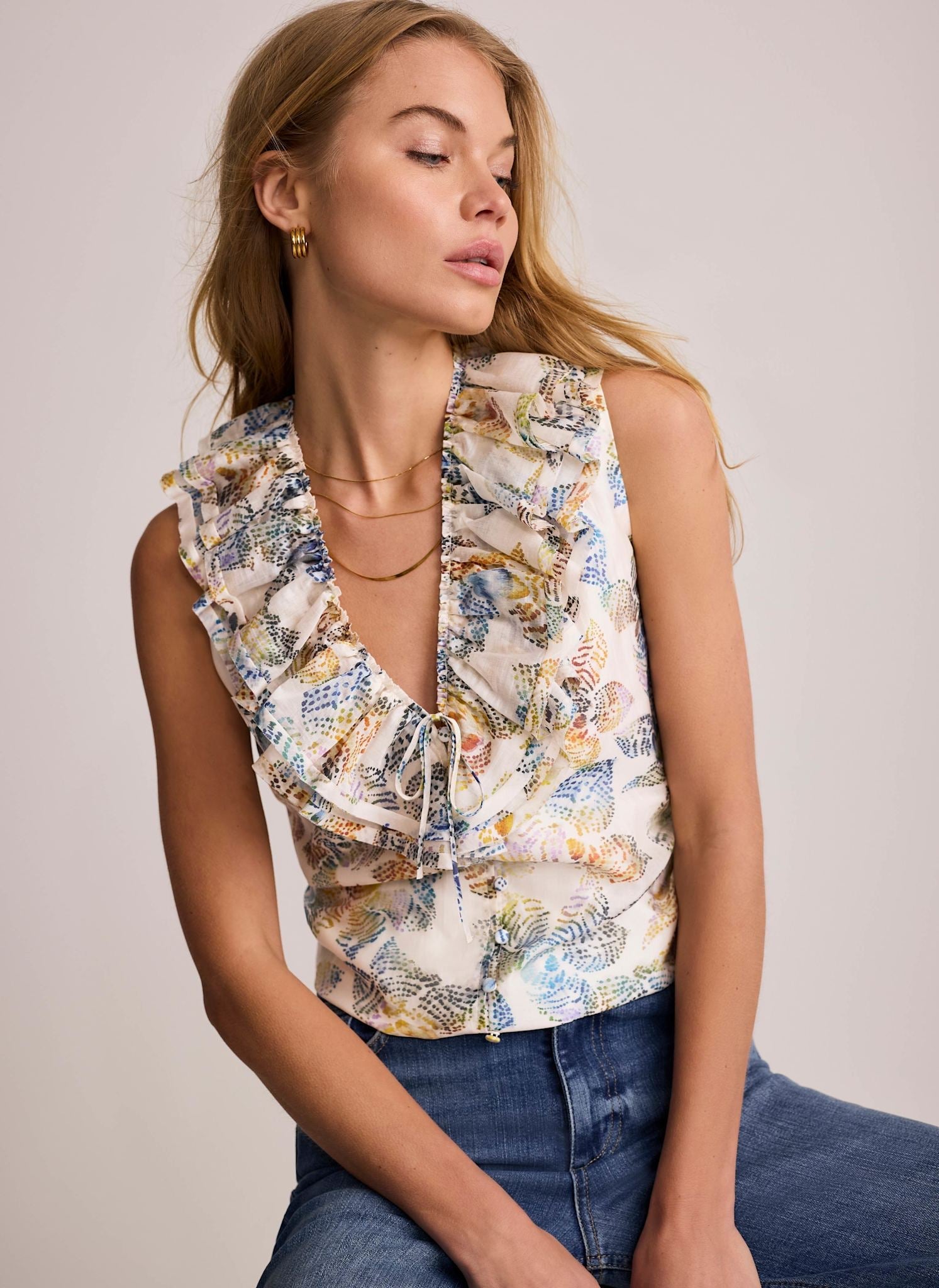 Cream Floral Print Ruffle Top