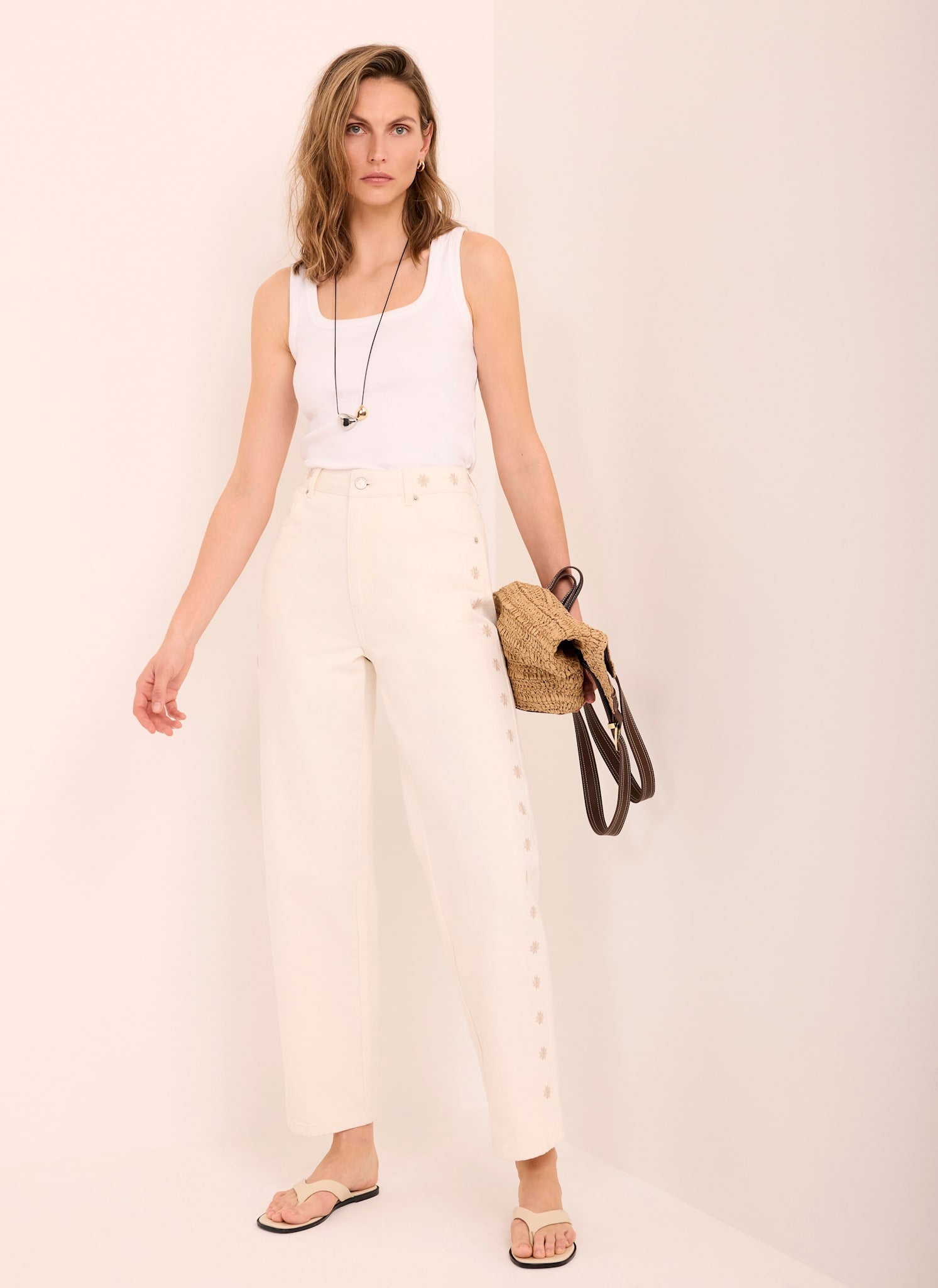 Cream Floral Embroidered Tapered Jeans