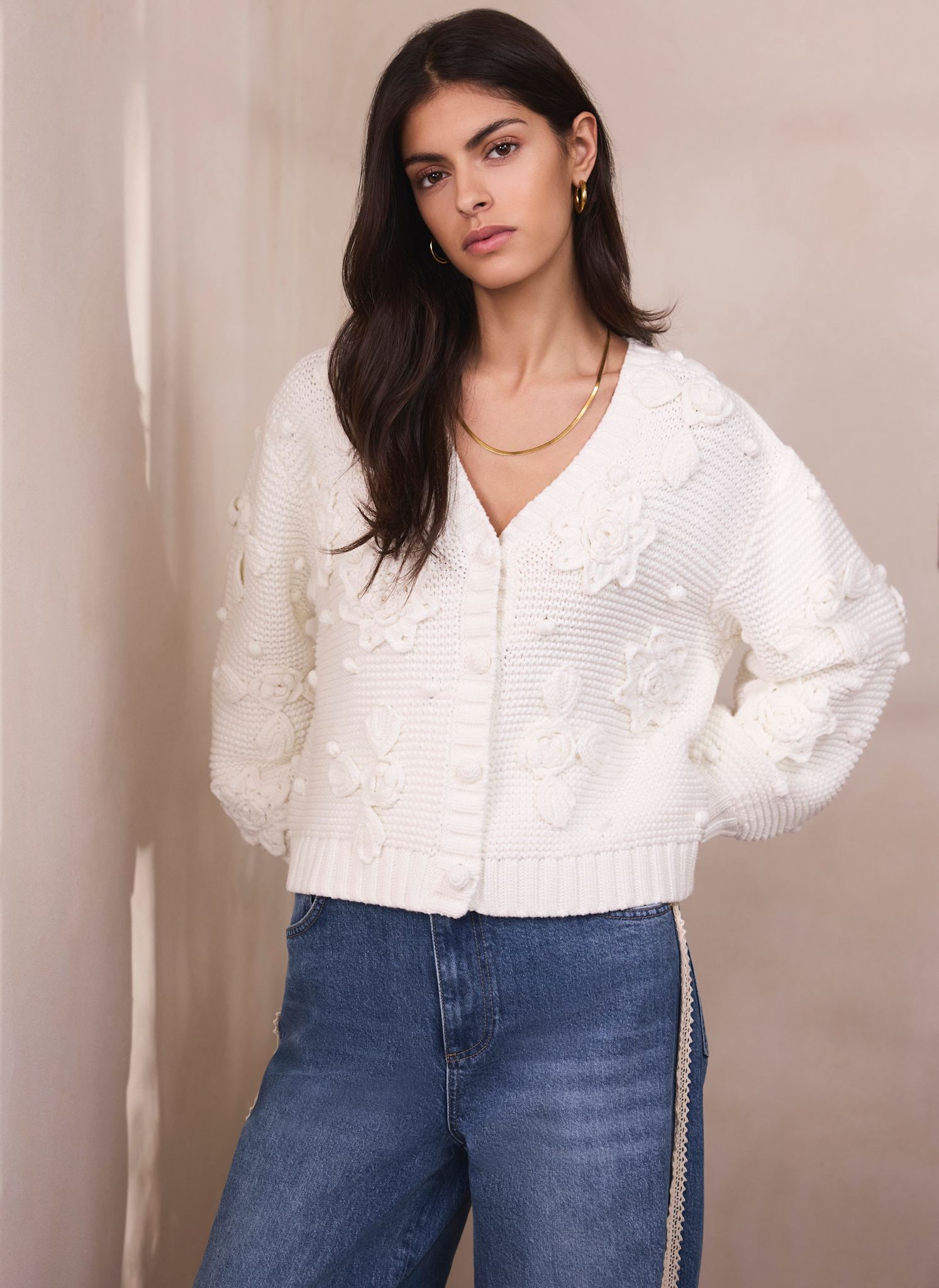 Cream Applique Flower Cardigan