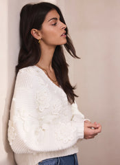 Cream Applique Flower Cardigan