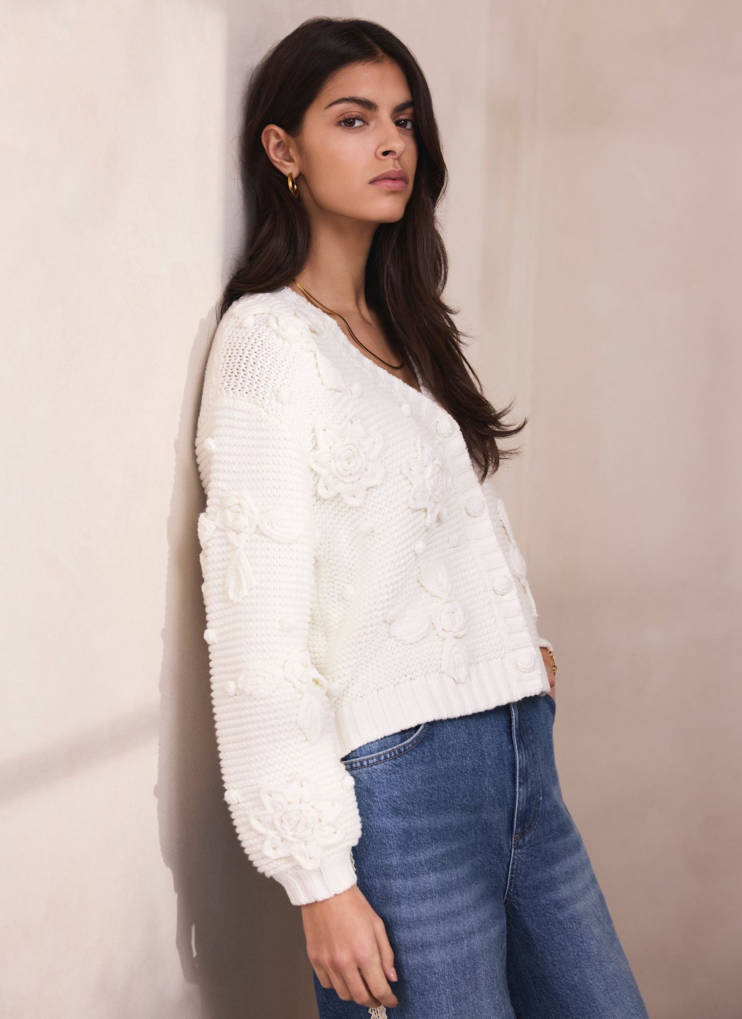 Cream Applique Flower Cardigan