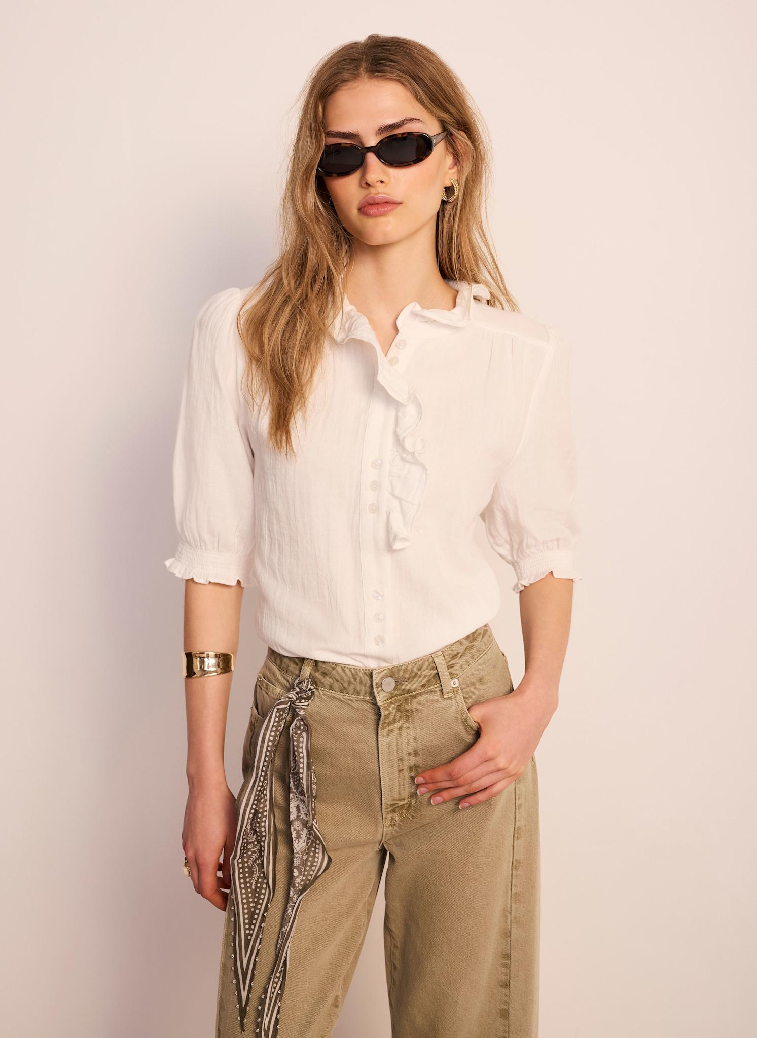 White Cotton Cheesecloth Ruffle Blouse