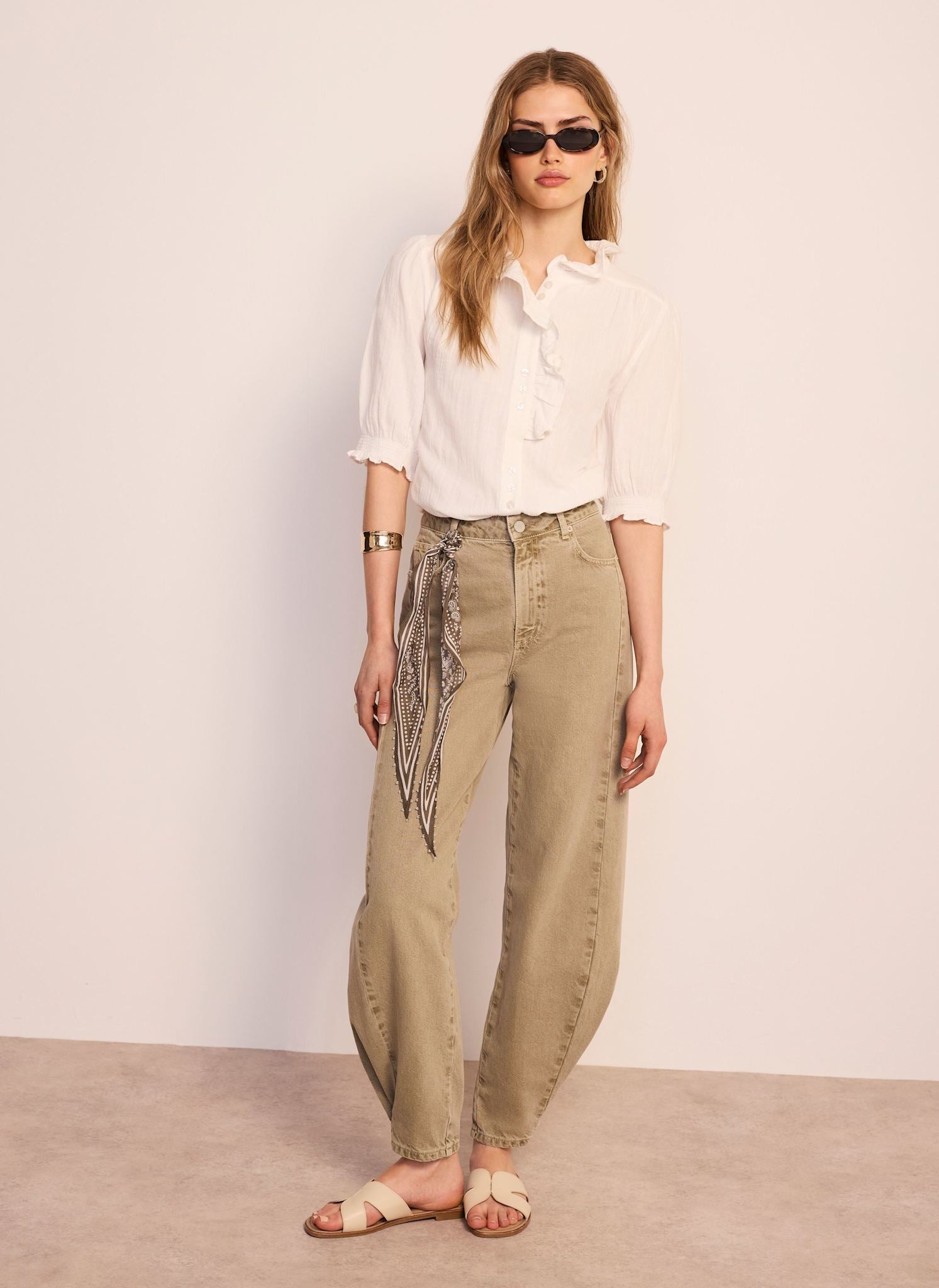 White Cotton Cheesecloth Ruffle Blouse