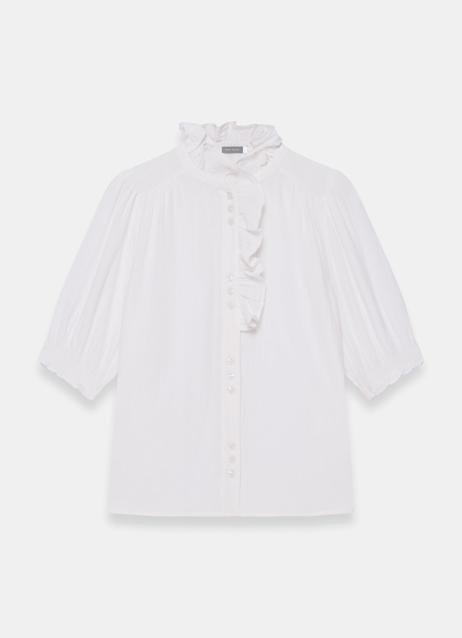 White Cotton Cheesecloth Ruffle Blouse