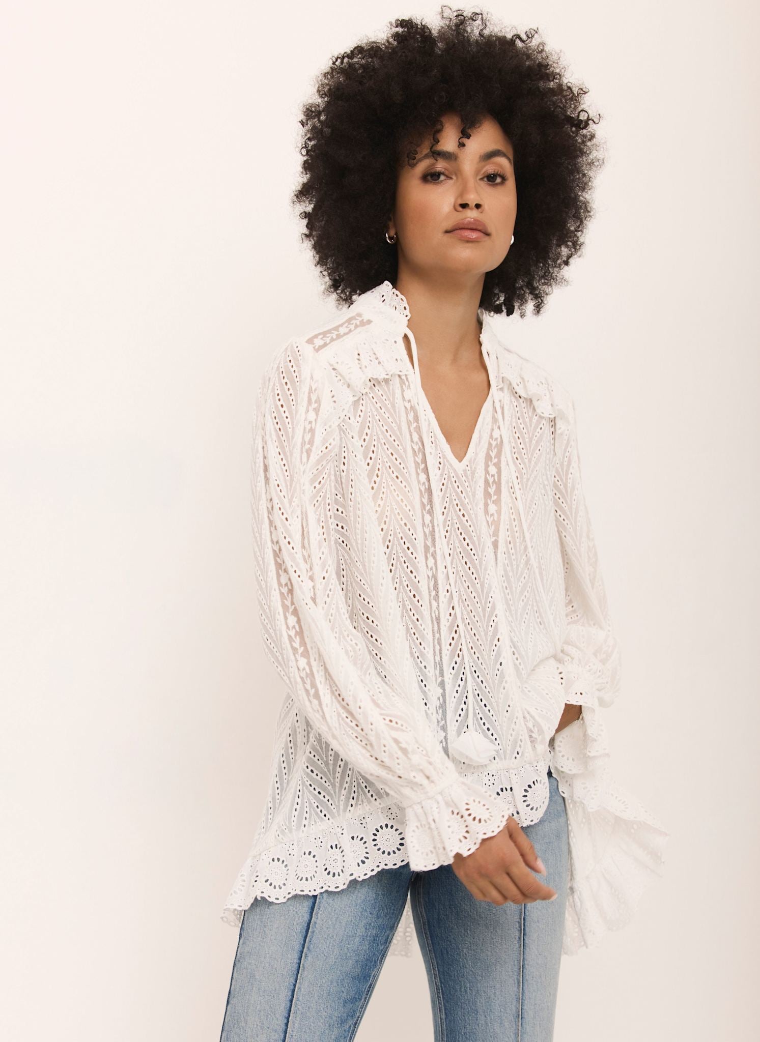 Cream Broderie Trim Longline Blouse