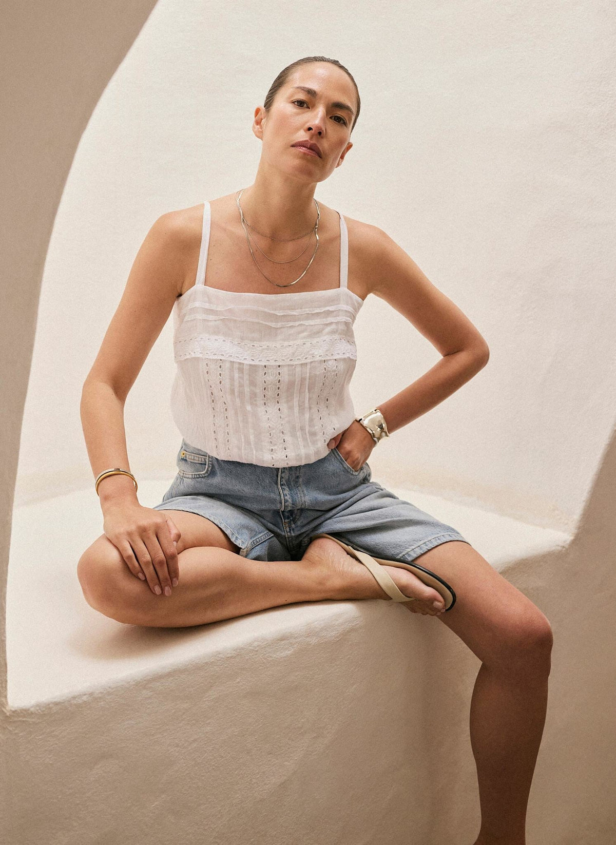 White Cotton Lace Trim Camisole Top