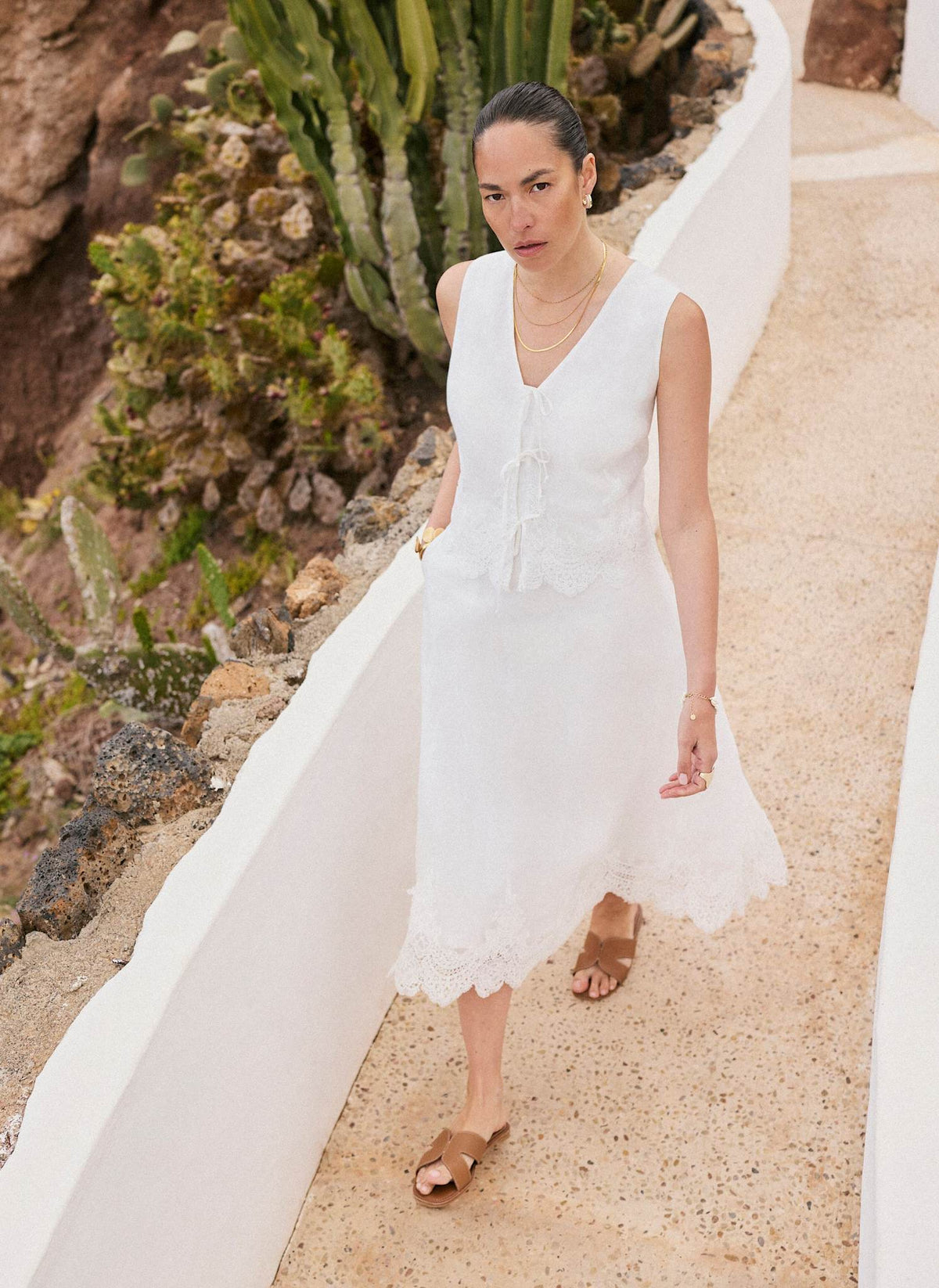 White Ramie Lace Trim Midi Skirt