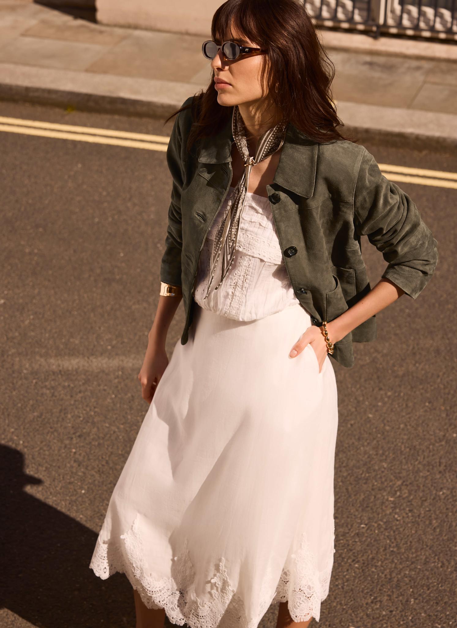 White Ramie Lace Trim Midi Skirt