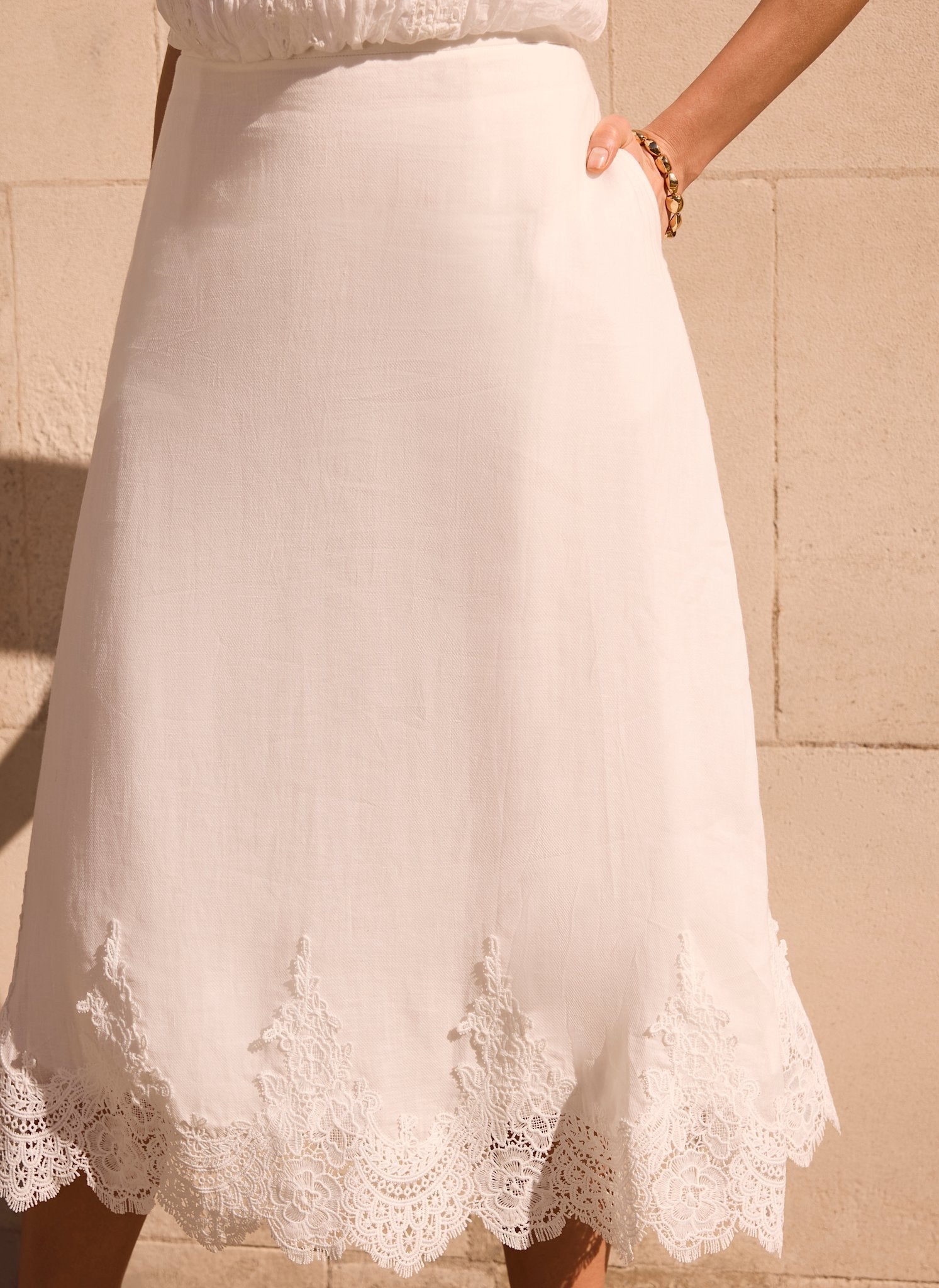 White Ramie Lace Trim Midi Skirt