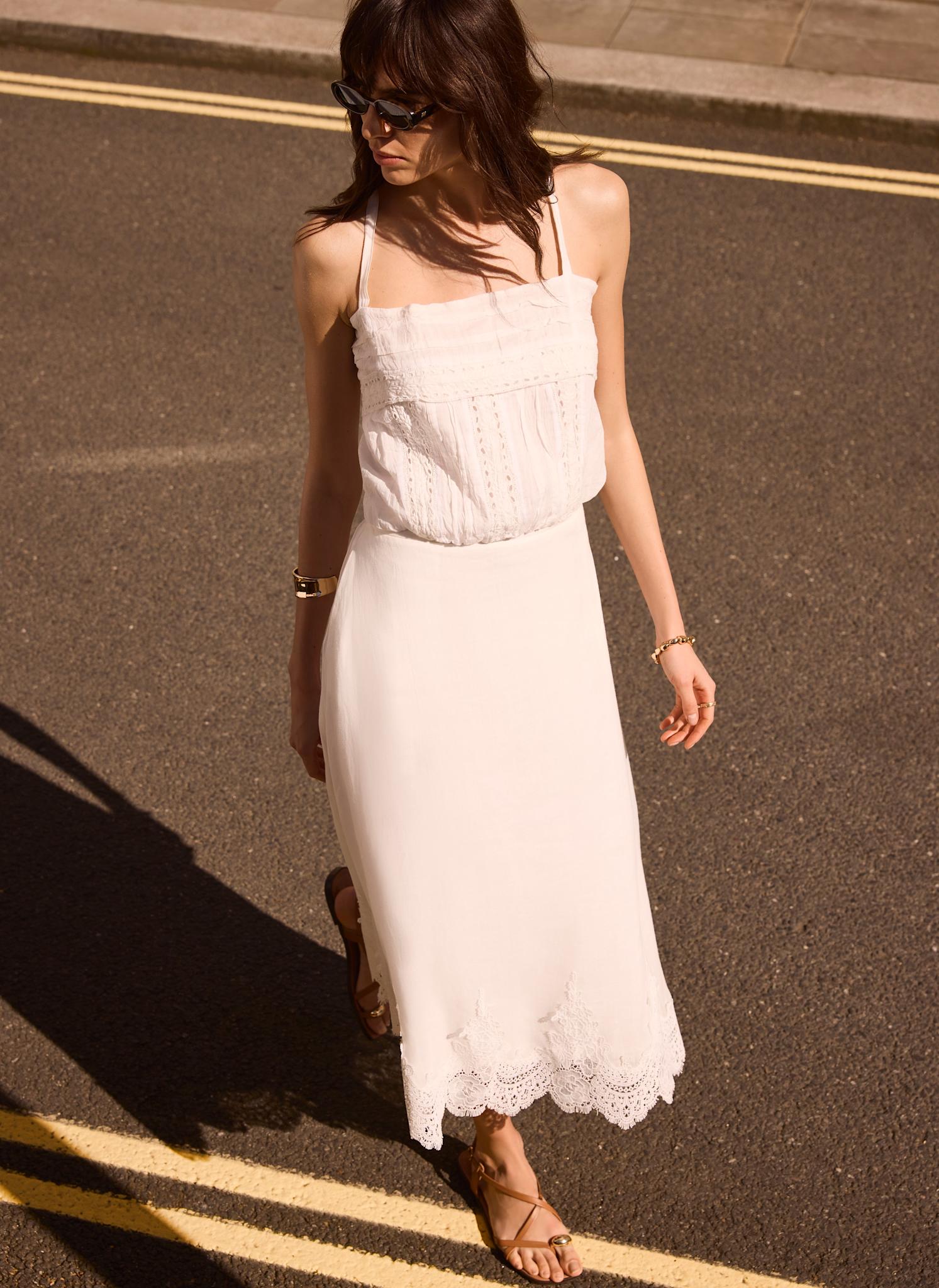 White Ramie Lace Trim Midi Skirt