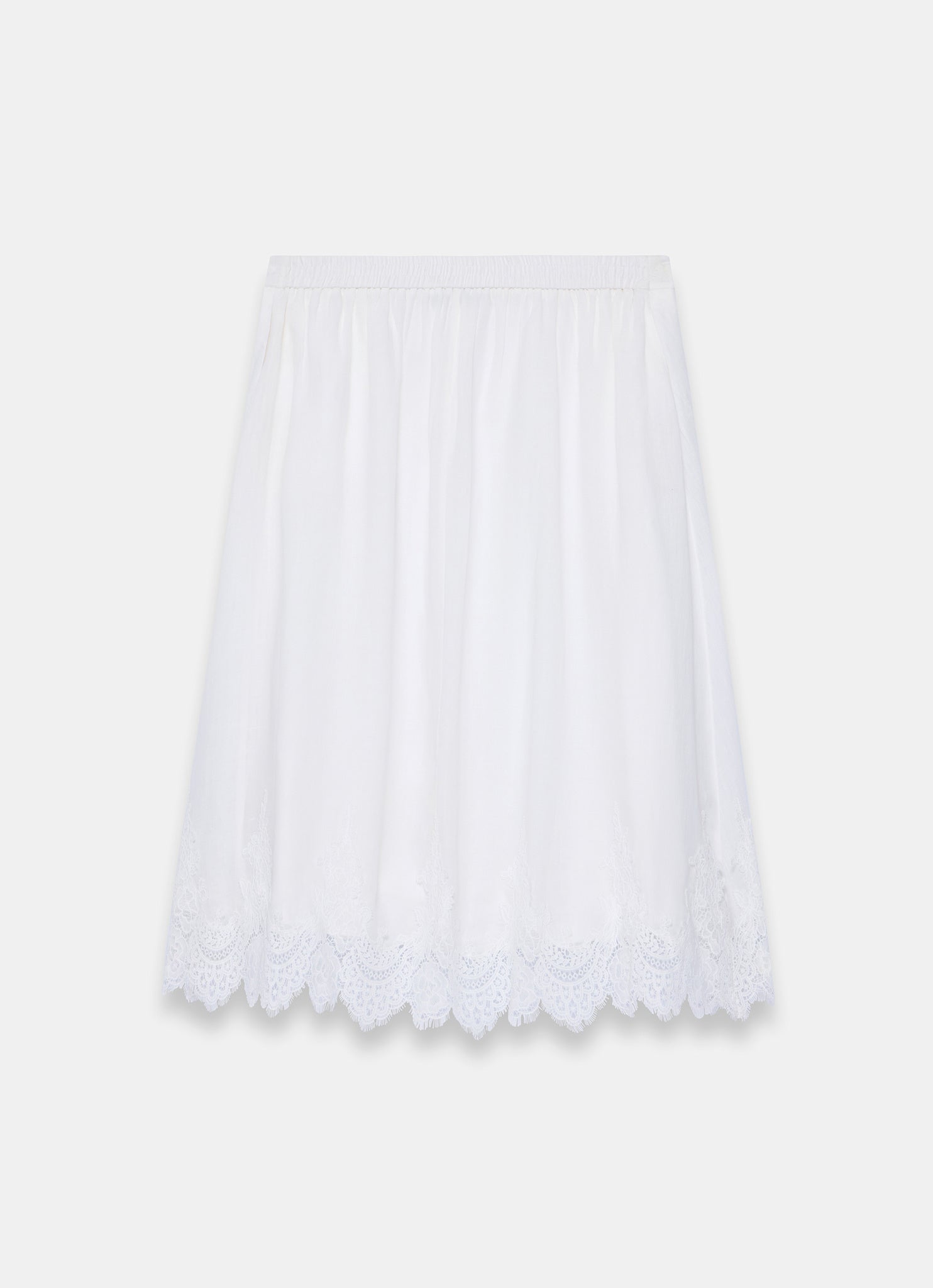 White Ramie Lace Trim Midi Skirt