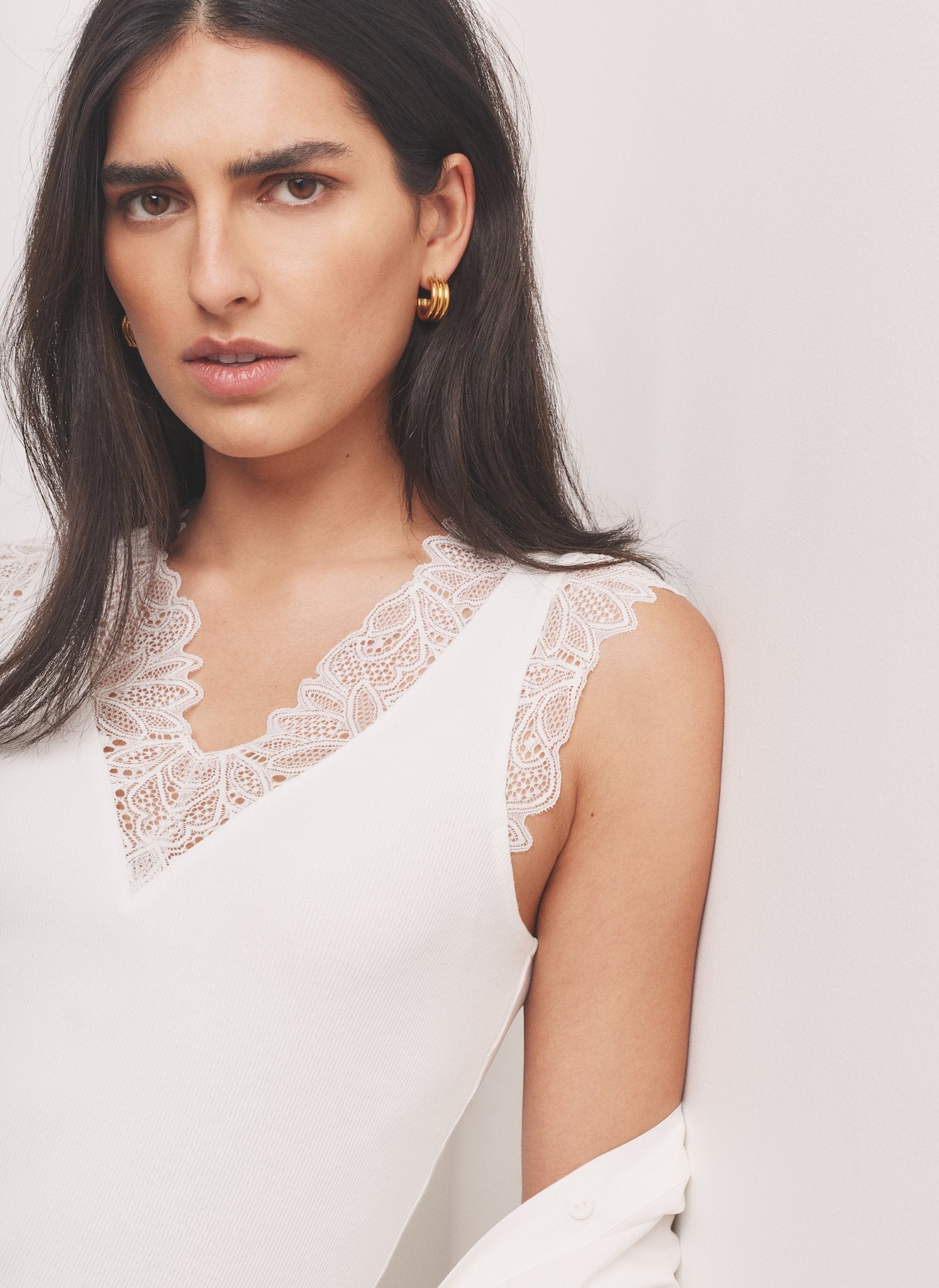 White Cotton Blend Lace Detail Top