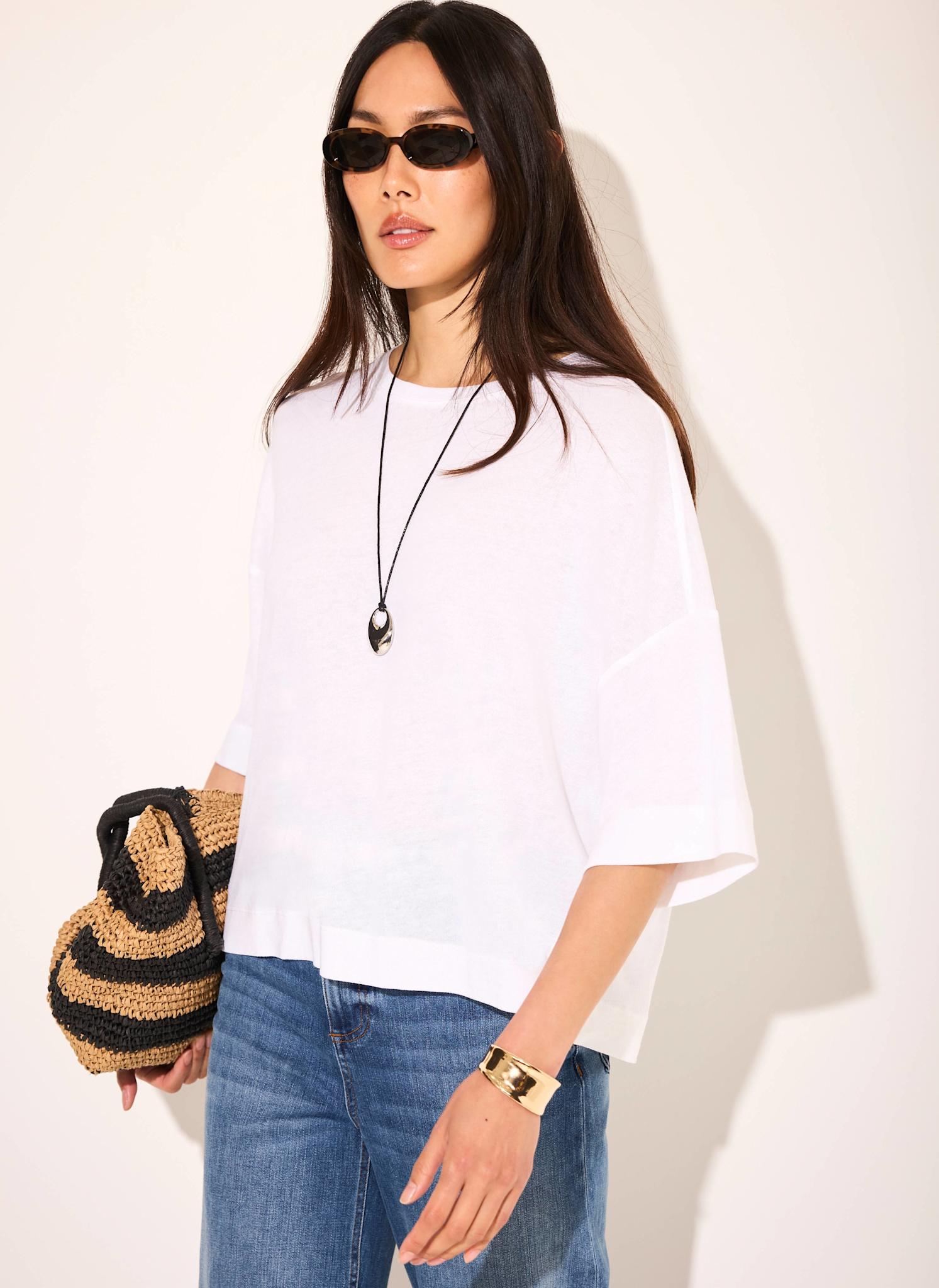 White Linen Blend Boxy T Shirt