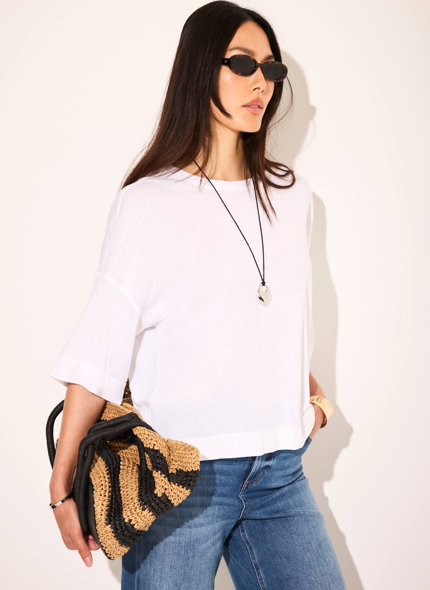 White Linen Blend Boxy T Shirt