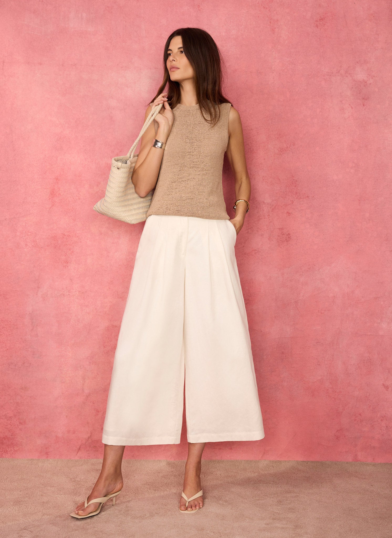 Cream Linen Blend Cropped Trousers